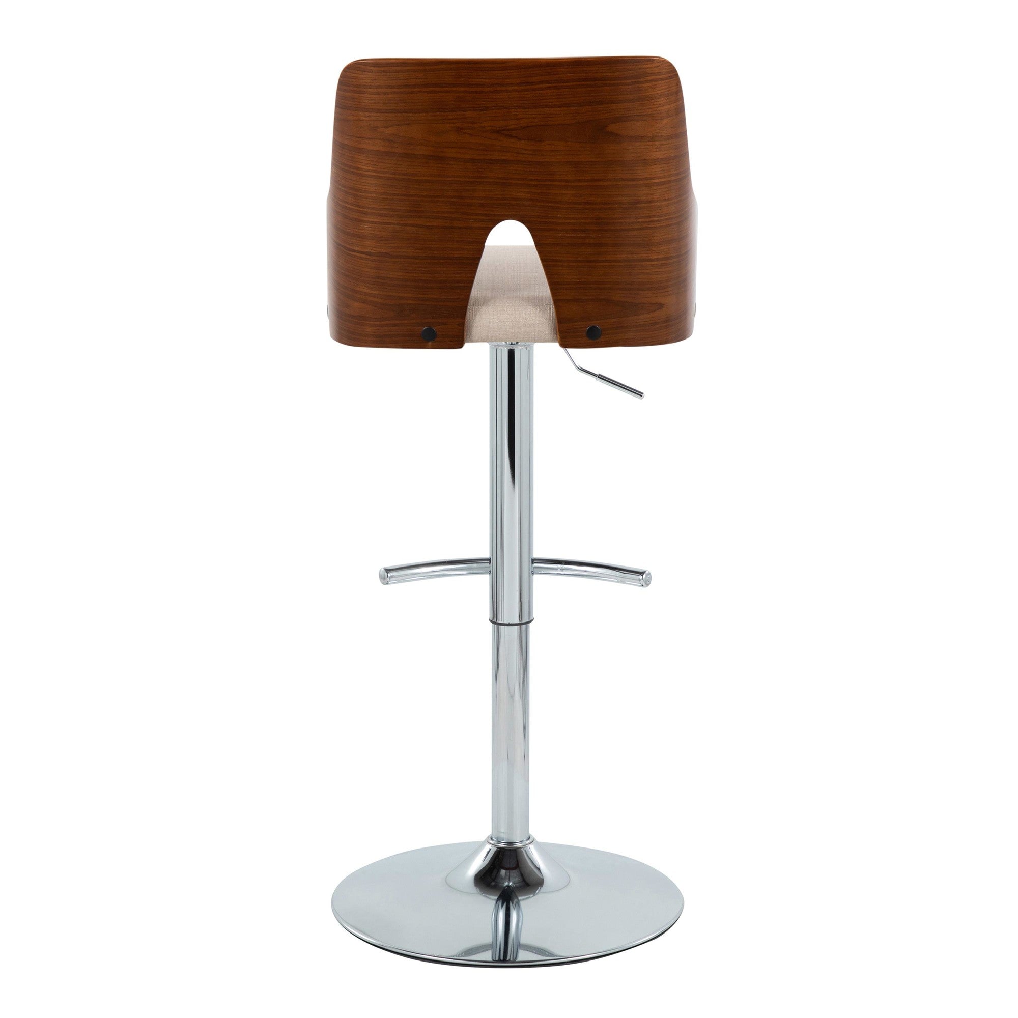 Ariana Adjustable Barstool - Set of 2 - Chrome Metal, Walnut Wood, Beige Fabric