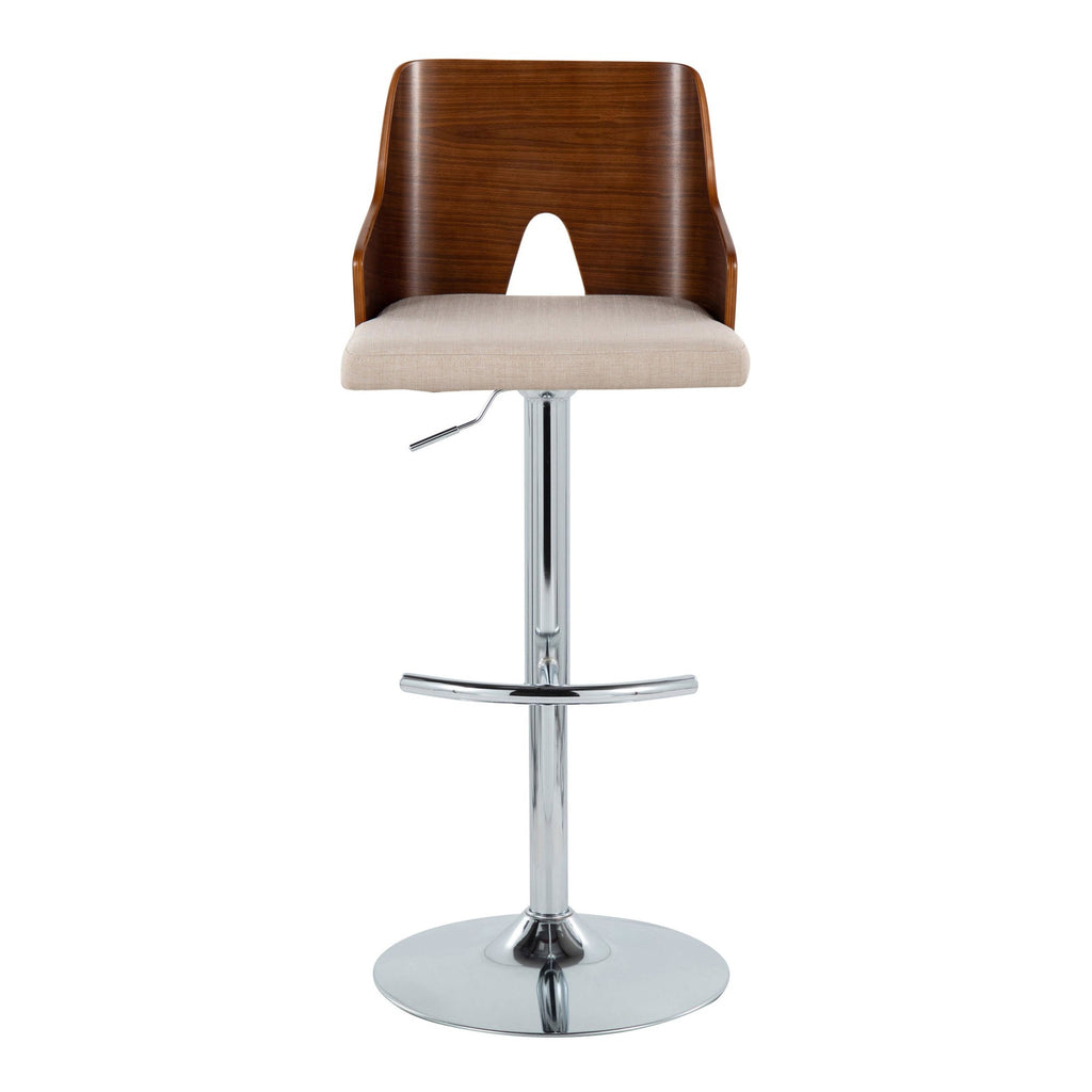 Ariana Adjustable Barstool - Set of 2 - Chrome Metal, Walnut Wood, Beige Fabric
