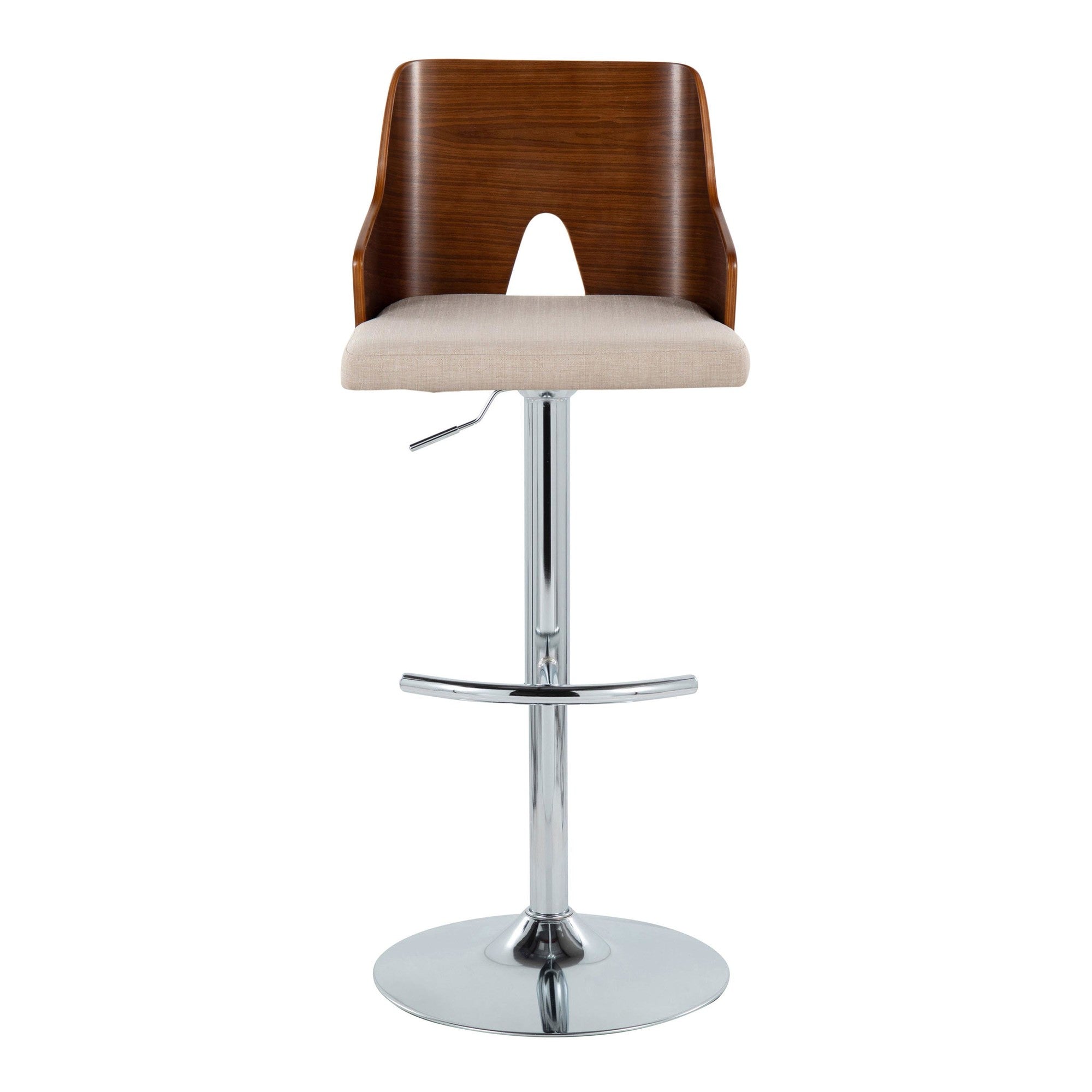 Ariana Adjustable Barstool - Set of 2 - Chrome Metal, Walnut Wood, Beige Fabric