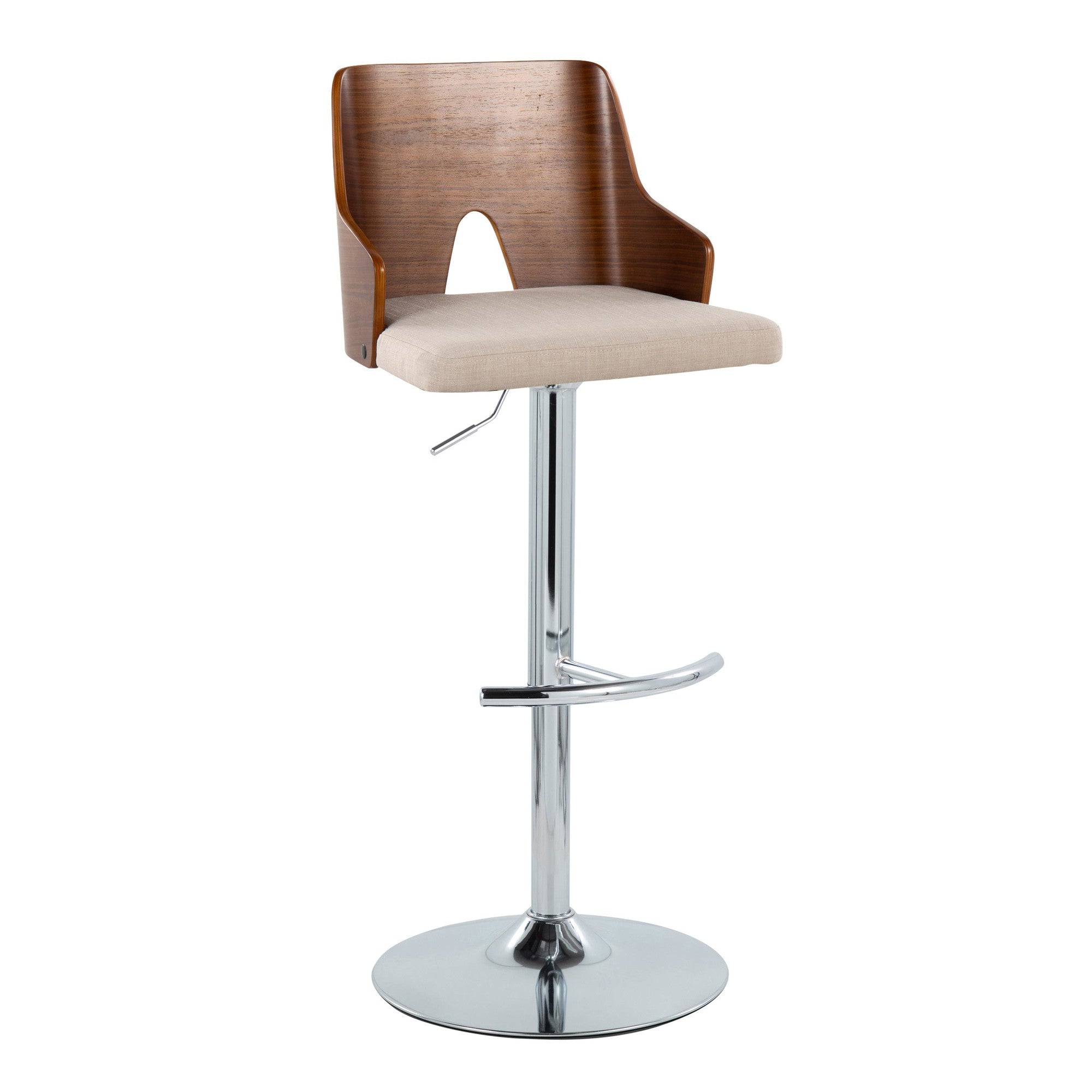Ariana Adjustable Barstool - Set of 2 - Chrome Metal, Walnut Wood, Beige Fabric