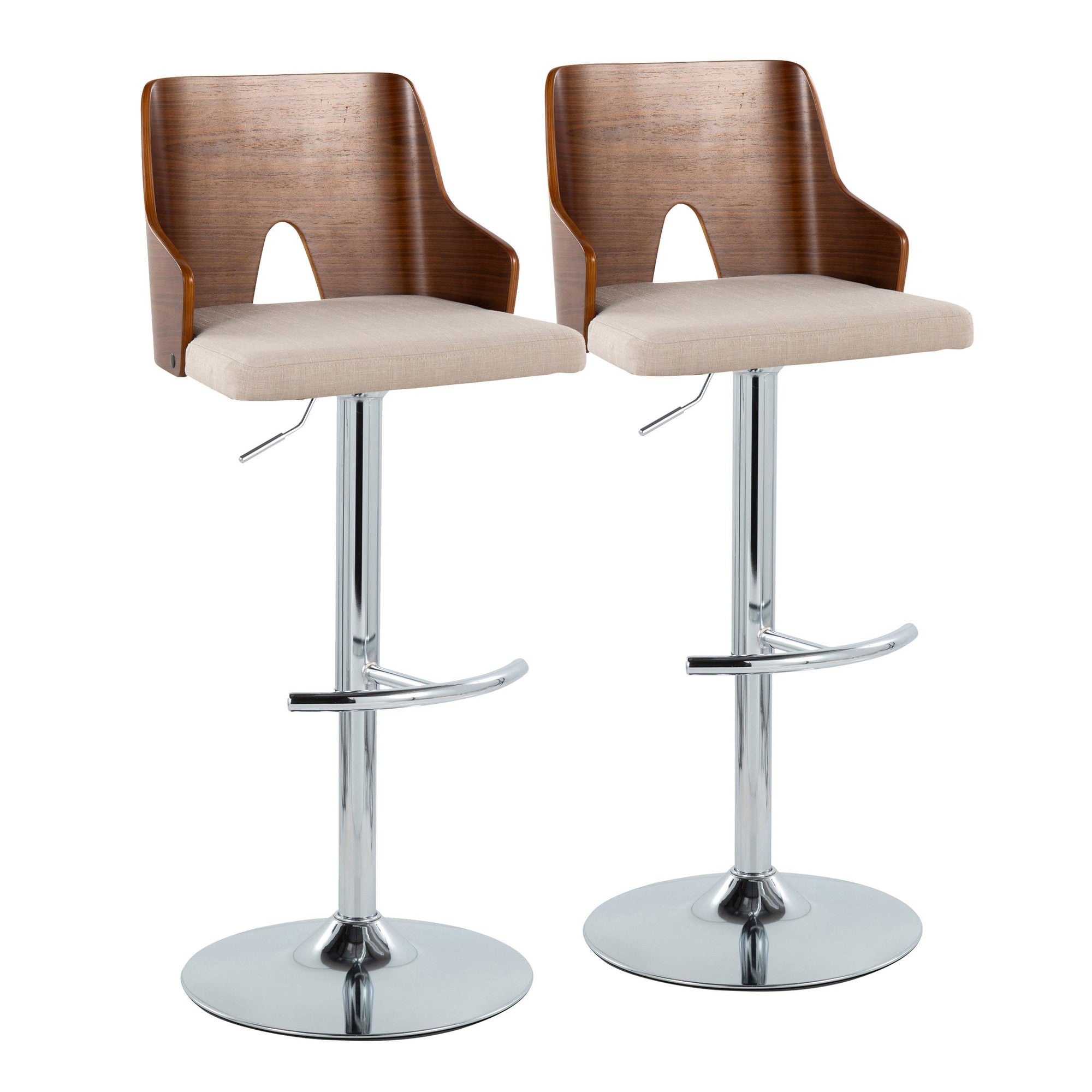 Ariana Adjustable Barstool - Set of 2 - Chrome Metal, Walnut Wood, Beige Fabric