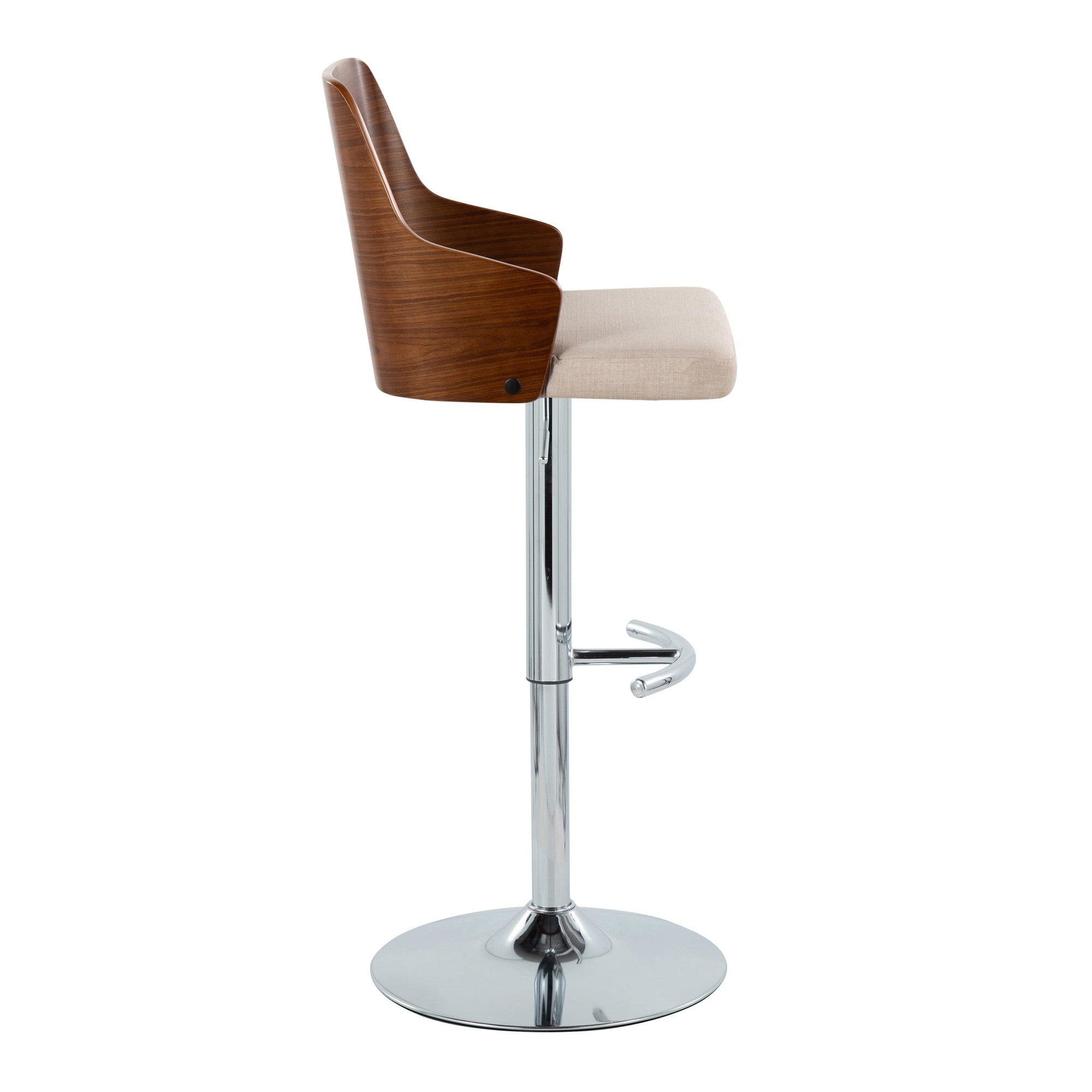 Ariana Adjustable Barstool - Set of 2 - Chrome Metal, Walnut Wood, Beige Fabric