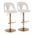 Ava Upholstered Adjustable Barstool - Set of 2 - Gold Metal, Snow White Fabric