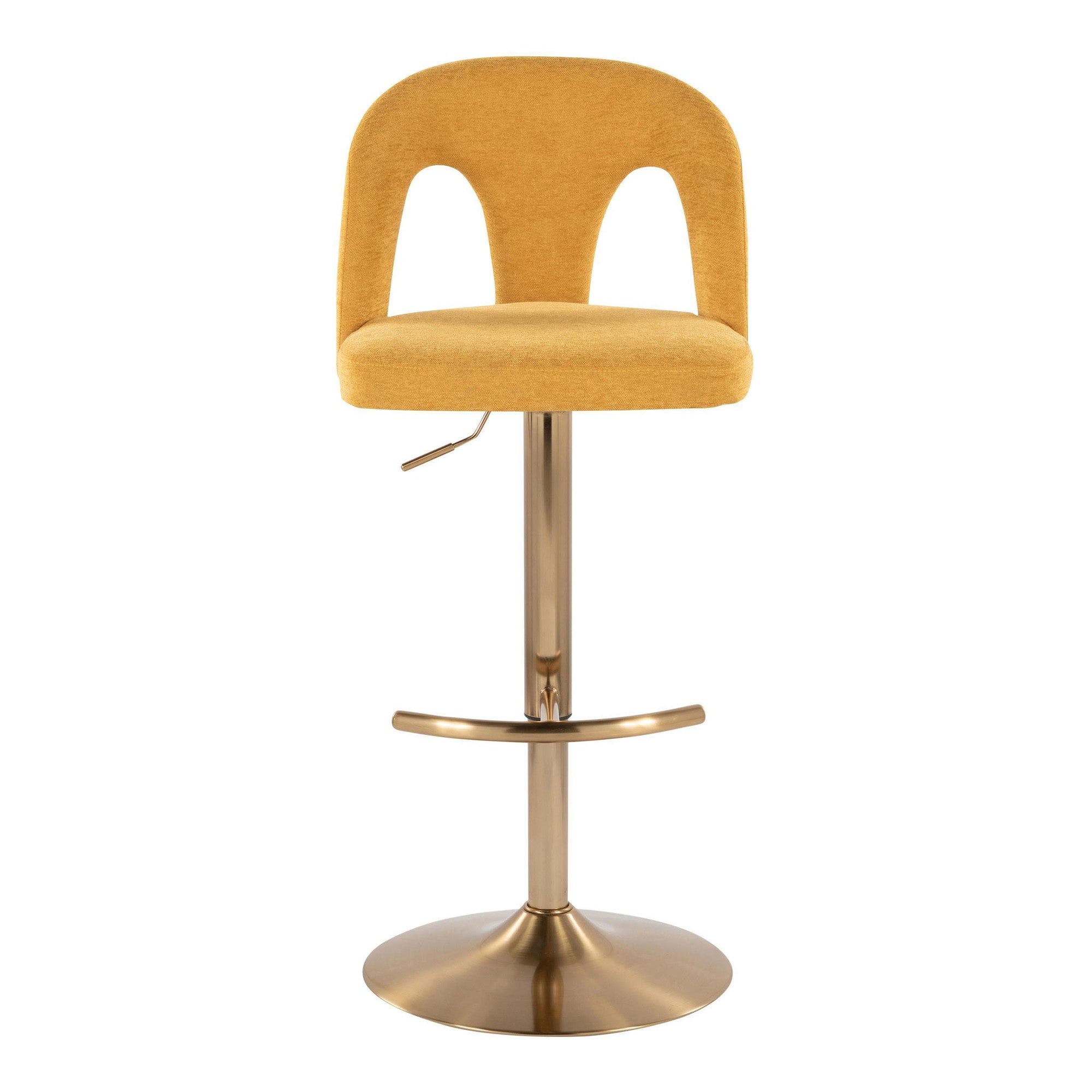 Ava Upholstered Adjustable Barstool - Set of 2 - Gold Metal, Yellow Fabric