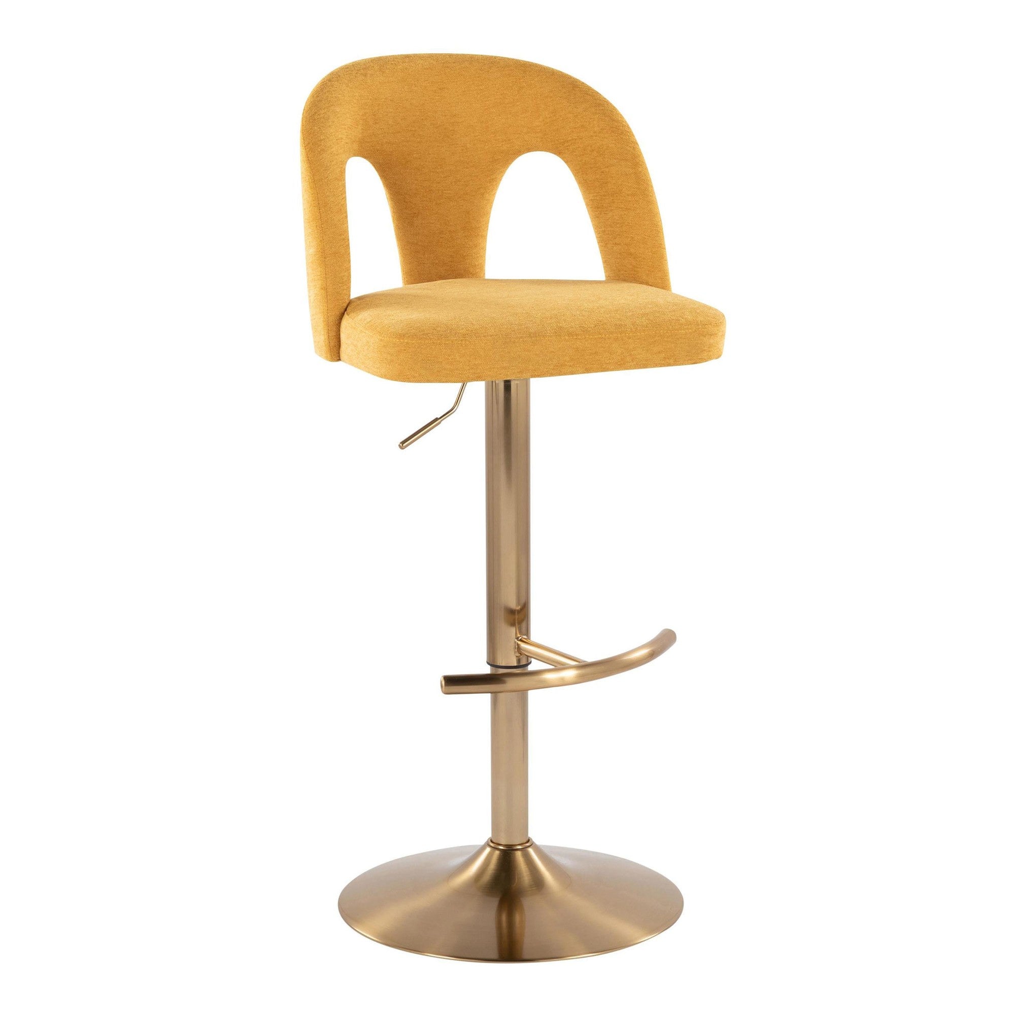 Ava Upholstered Adjustable Barstool - Set of 2 - Gold Metal, Yellow Fabric