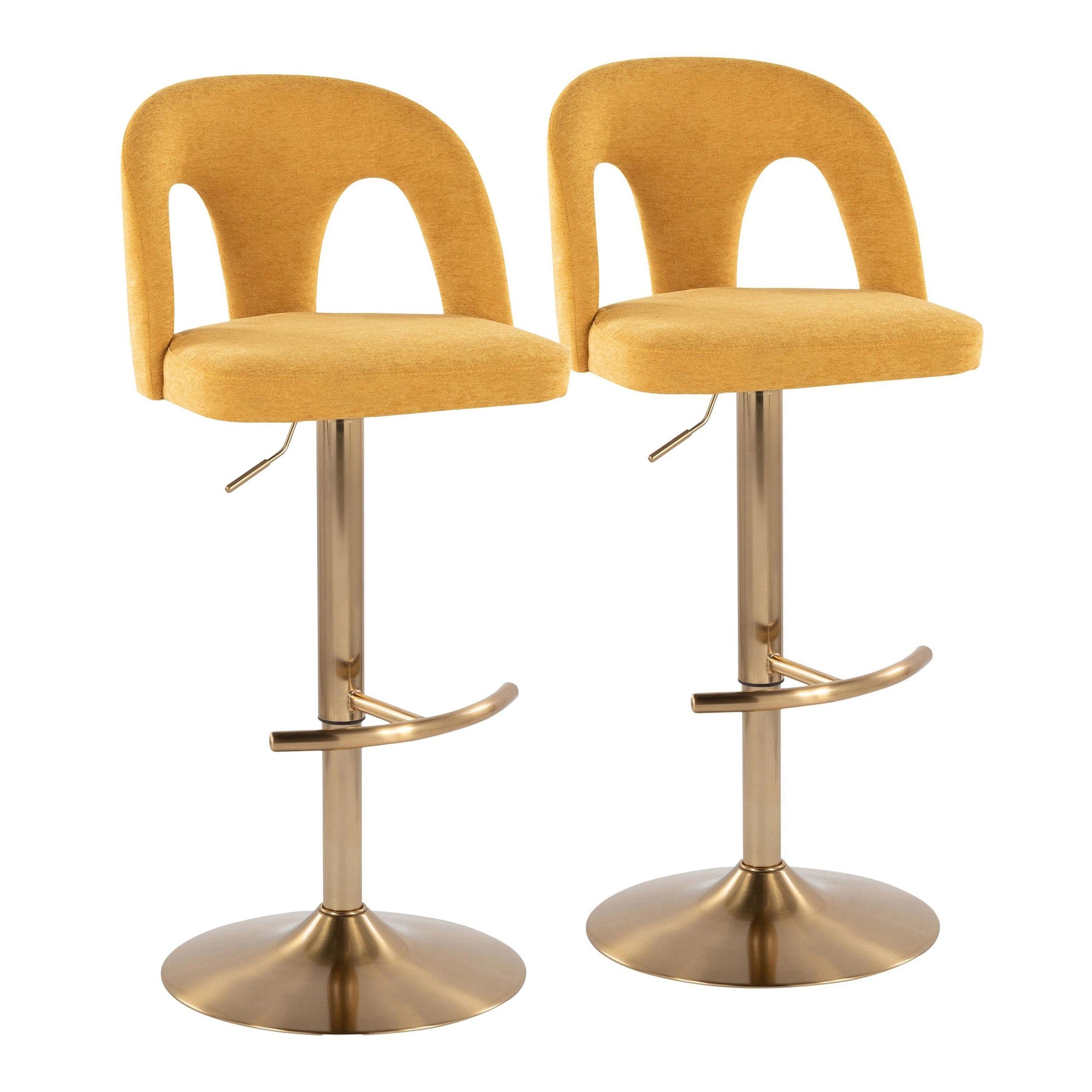 Ava Upholstered Adjustable Barstool - Set of 2 - Gold Metal, Yellow Fabric