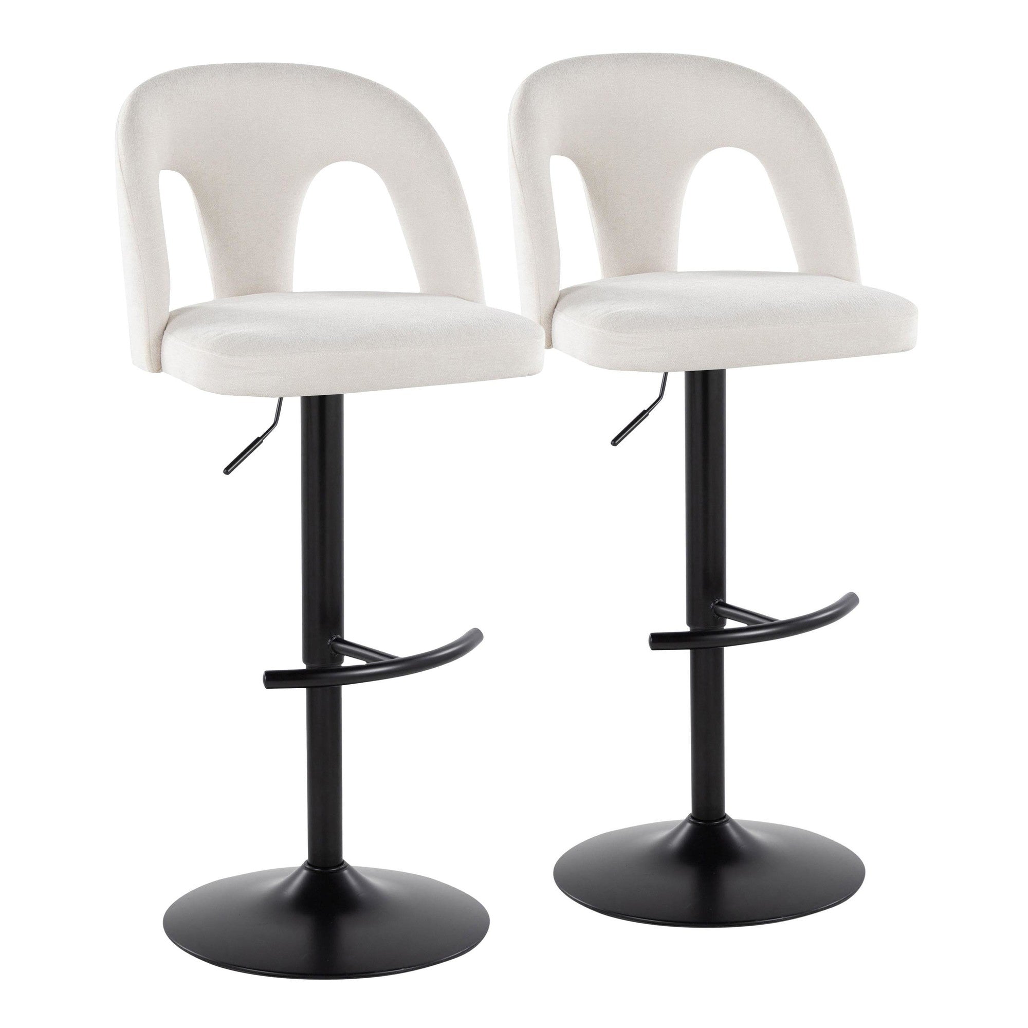 Ava Upholstered Adjustable Barstool - Set of 2 - Black Metal, Snow White Fabric