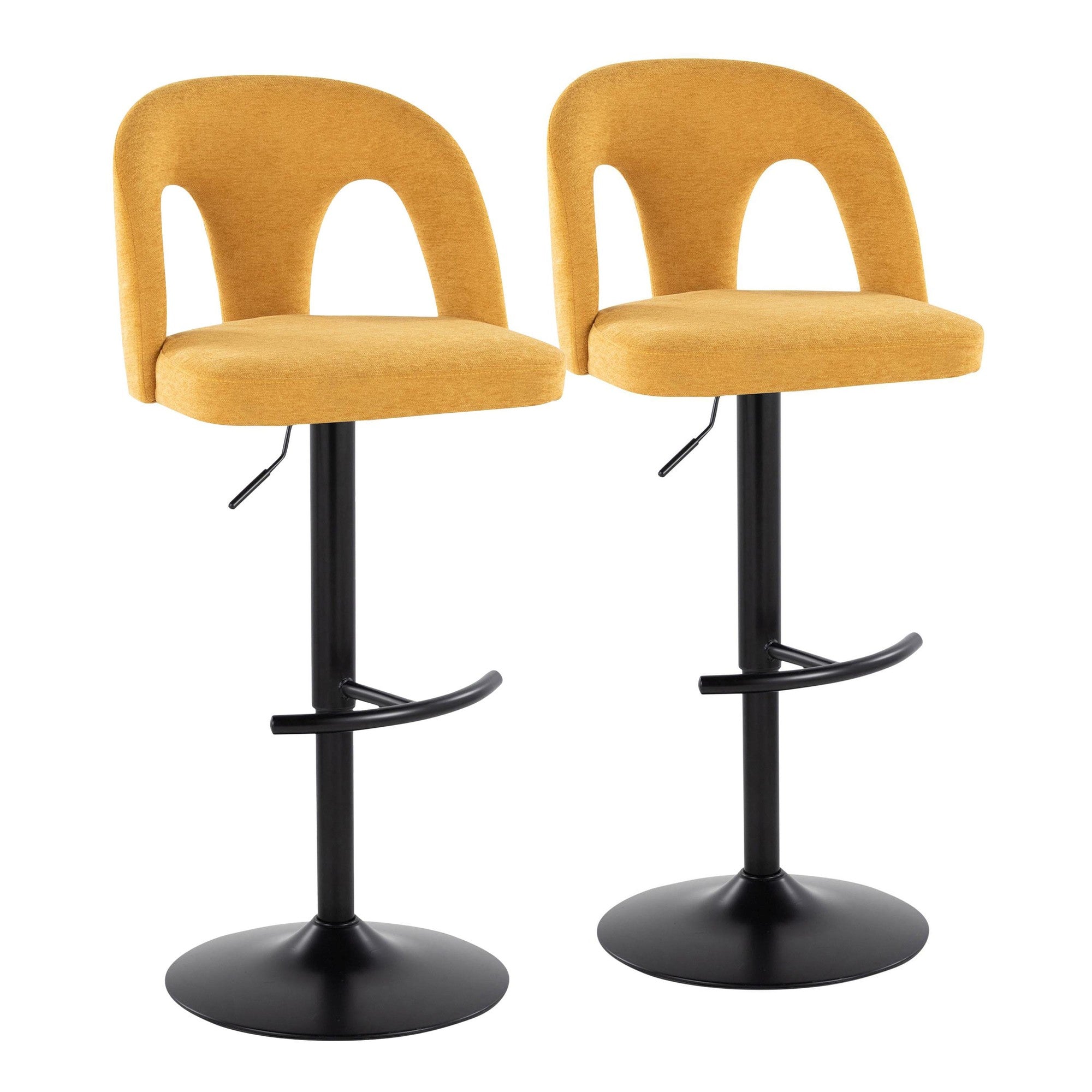 Ava Upholstered Adjustable Barstool - Set of 2 - Black Metal, Yellow Fabric