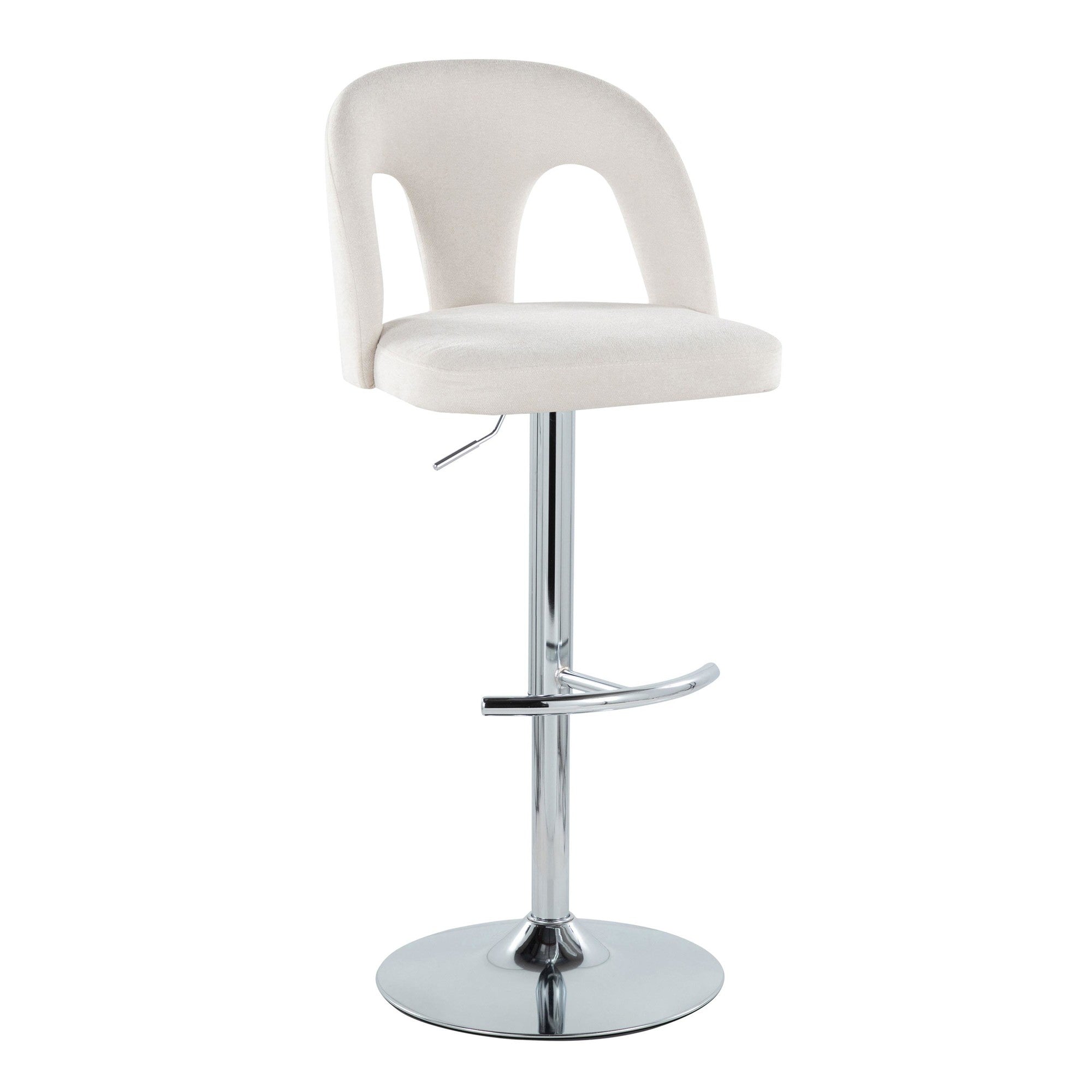 Ava Upholstered Adjustable Barstool - Set of 2 - Chrome Metal, Snow White Fabric