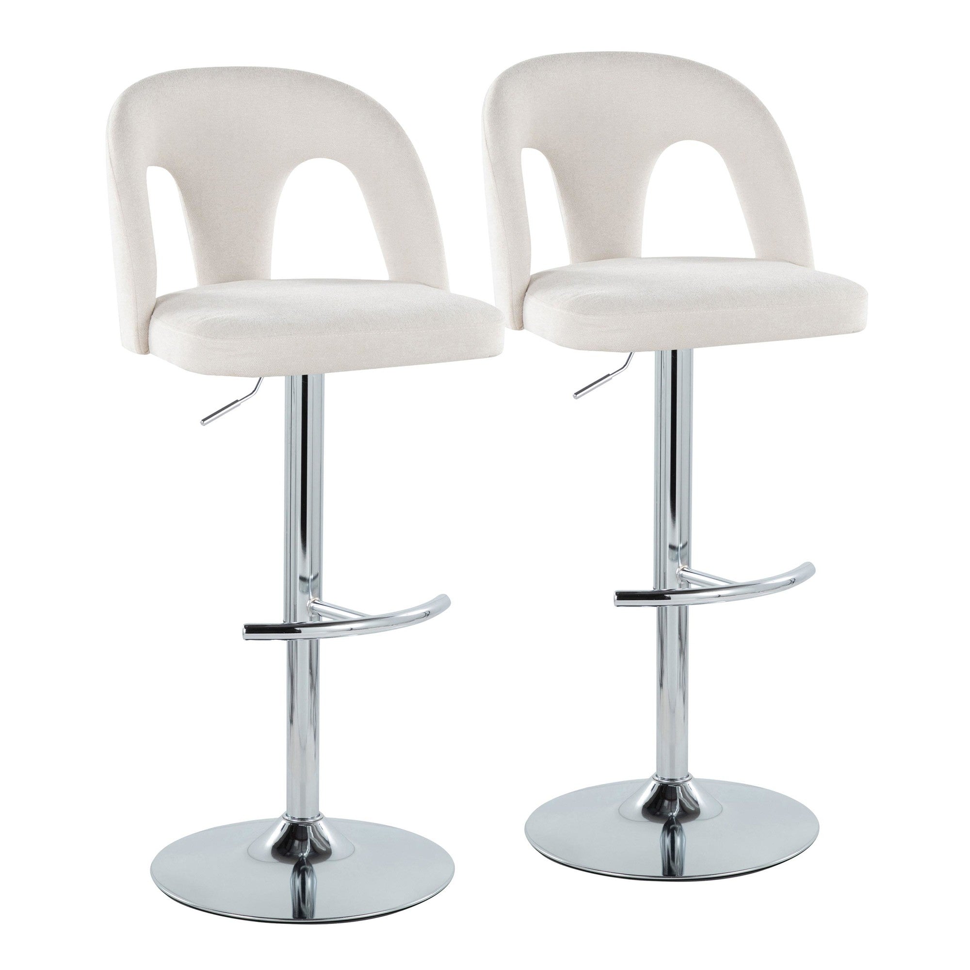 Ava Upholstered Adjustable Barstool - Set of 2 - Chrome Metal, Snow White Fabric