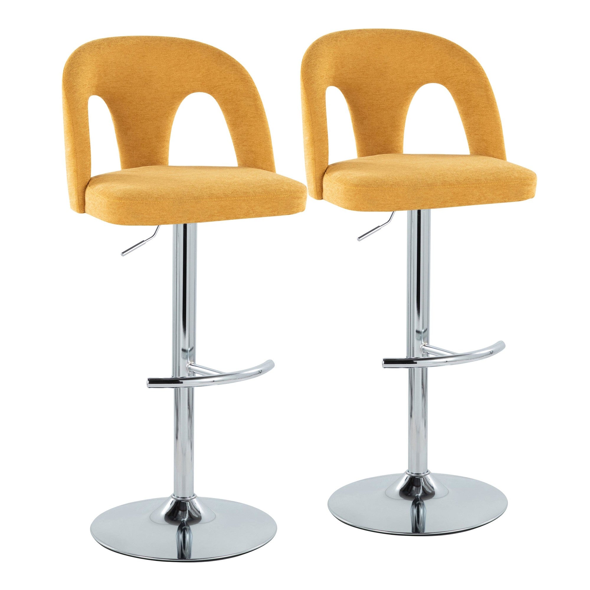 Ava Upholstered Adjustable Barstool - Set of 2 - Chrome Metal, Yellow Fabric