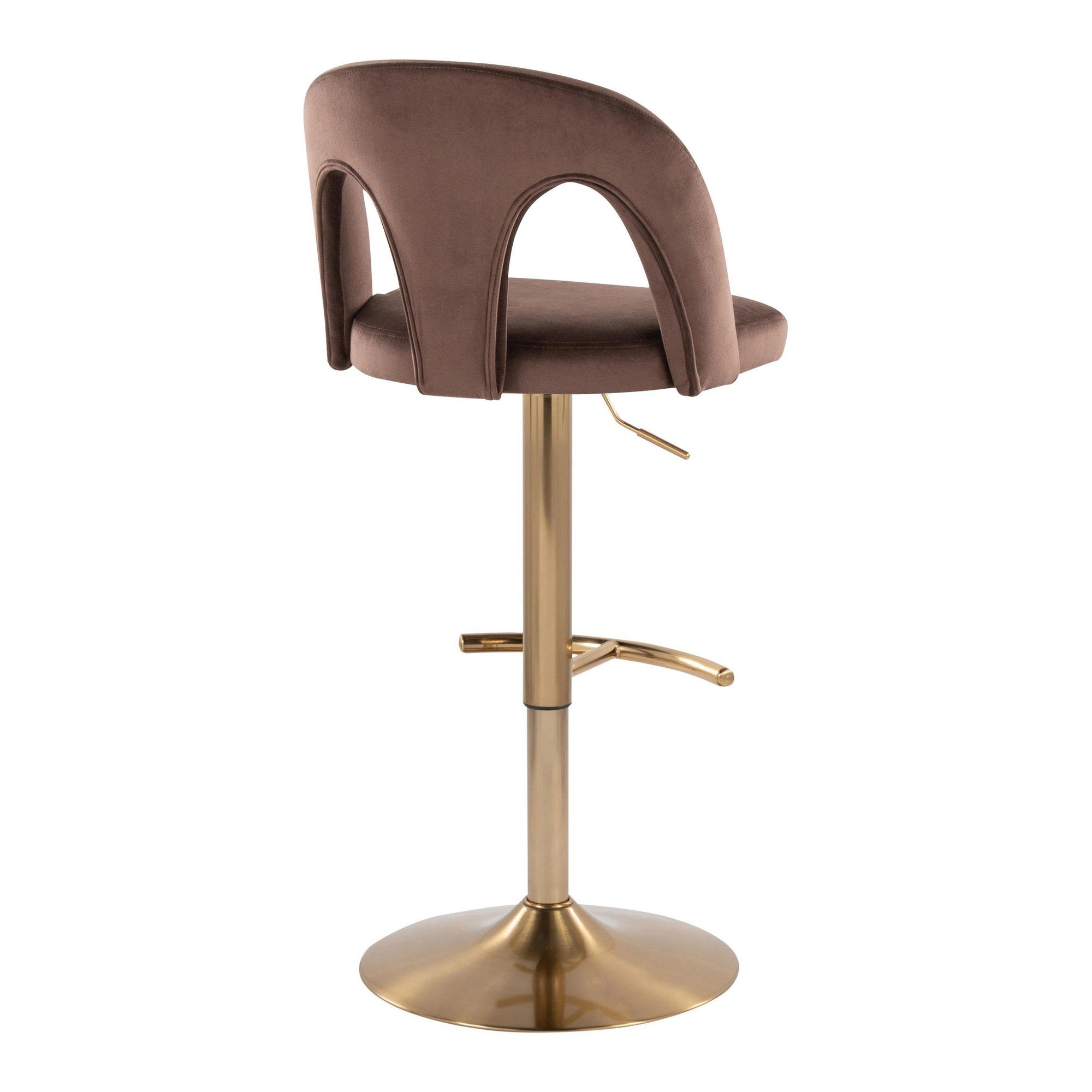 Ava Upholstered Adjustable Barstool - Set of 2 - Gold Metal, Espresso Velvet