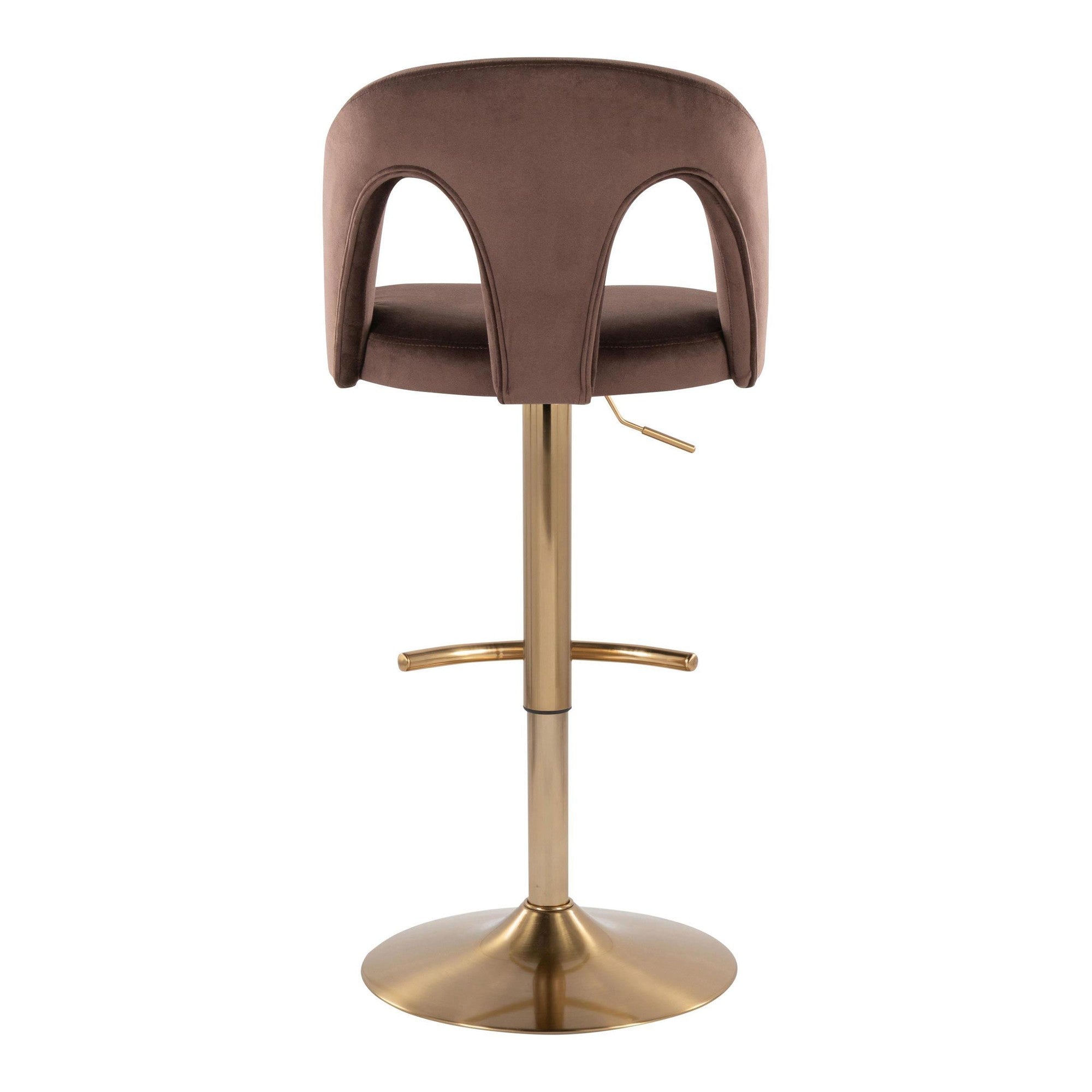 Ava Upholstered Adjustable Barstool - Set of 2 - Gold Metal, Espresso Velvet