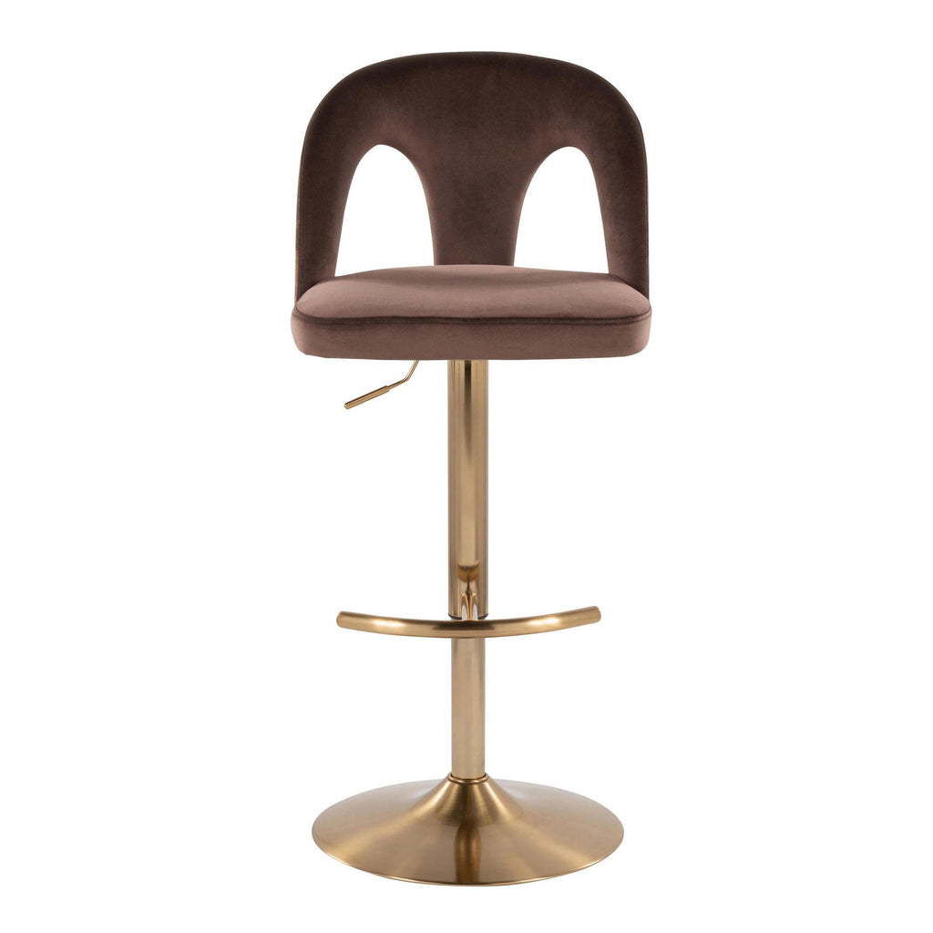 Ava Upholstered Adjustable Barstool - Set of 2 - Gold Metal, Espresso Velvet
