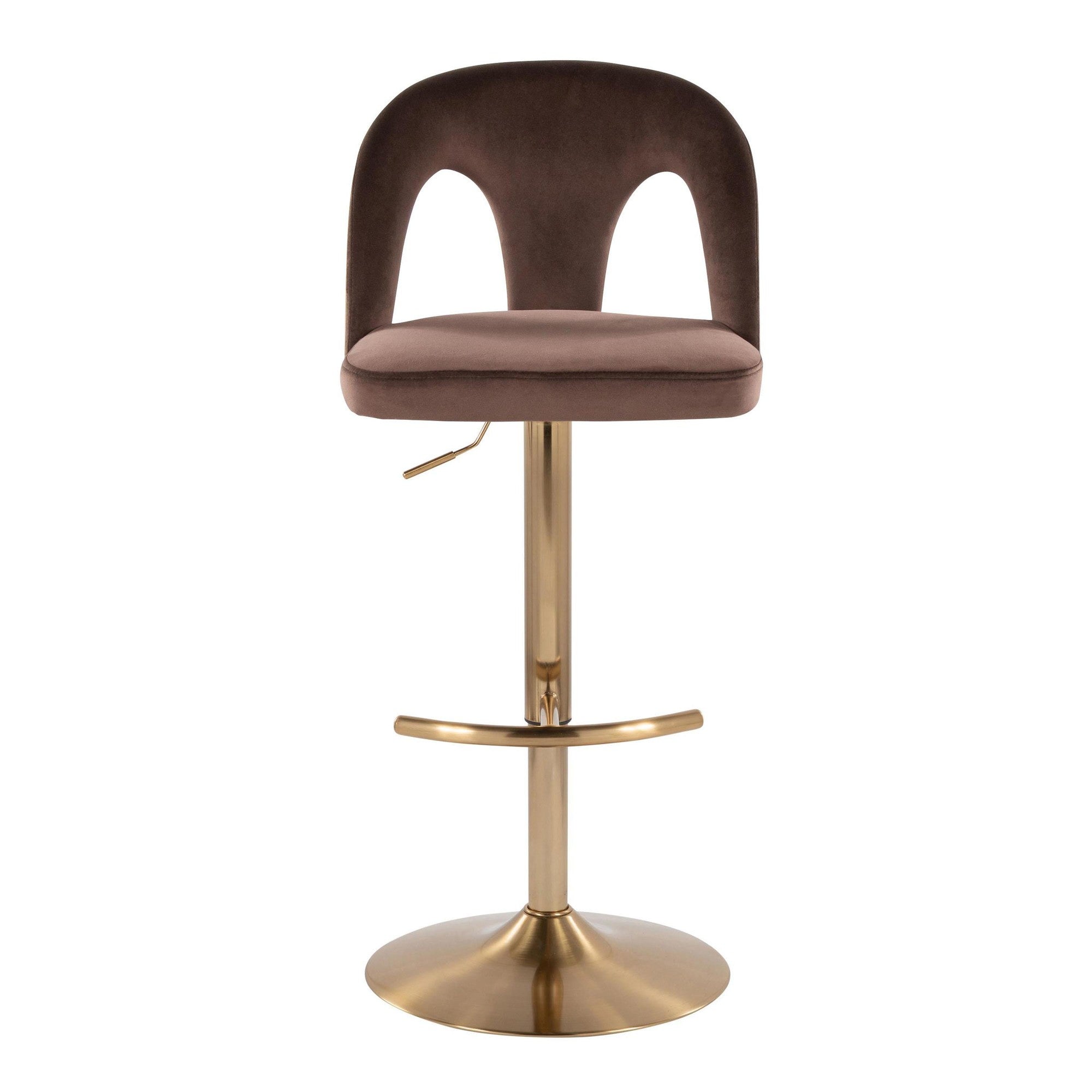 Ava Upholstered Adjustable Barstool - Set of 2 - Gold Metal, Espresso Velvet