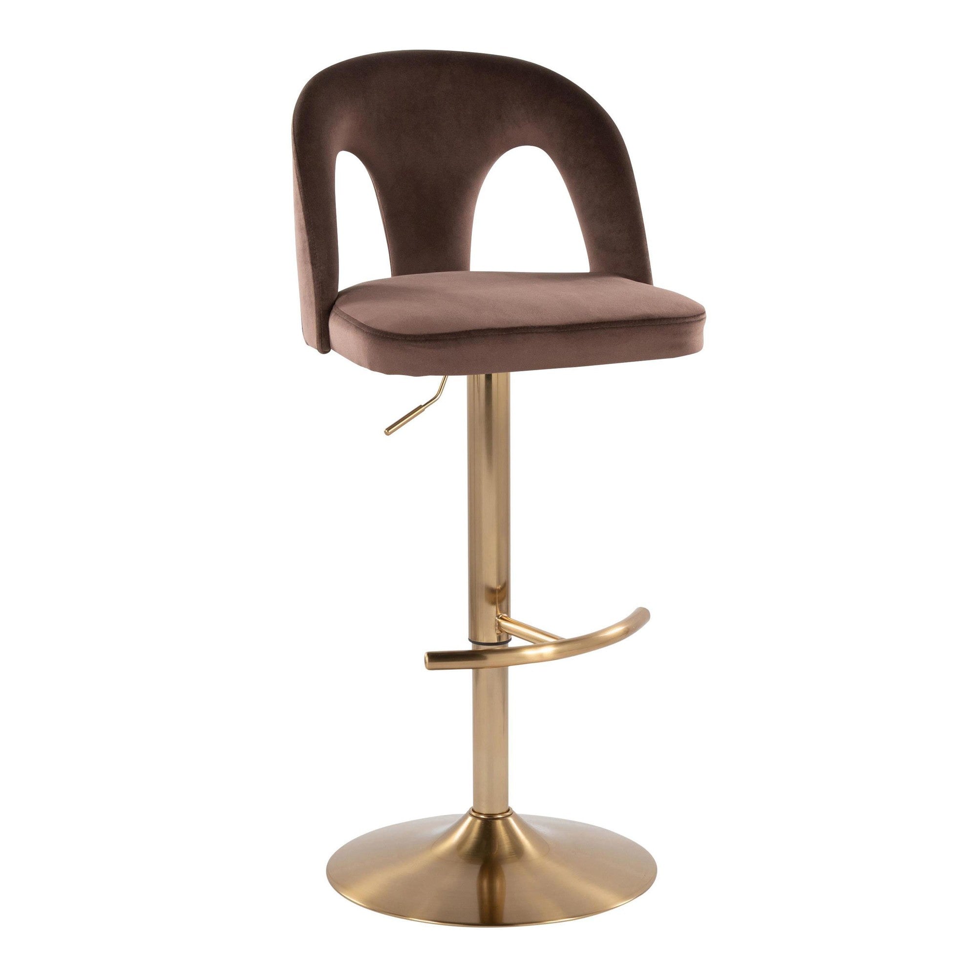 Ava Upholstered Adjustable Barstool - Set of 2 - Gold Metal, Espresso Velvet