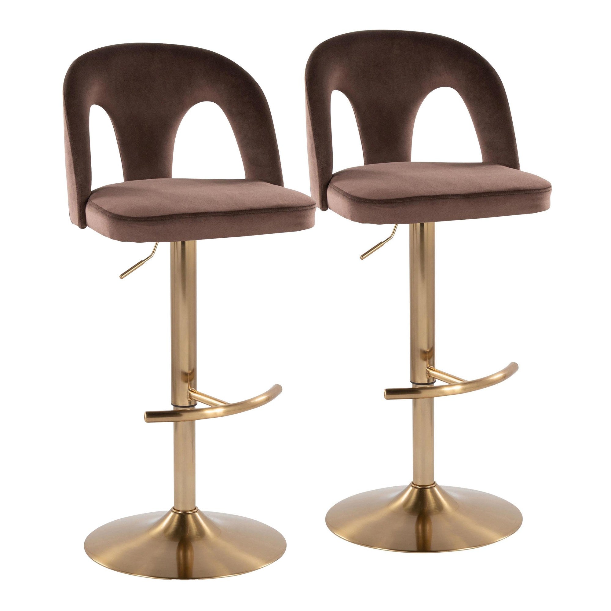 Ava Upholstered Adjustable Barstool - Set of 2 - Gold Metal, Espresso Velvet