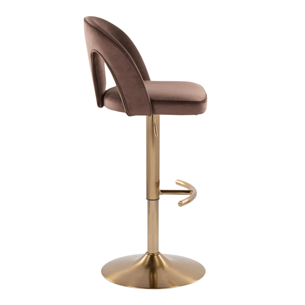 Ava Upholstered Adjustable Barstool - Set of 2 - Gold Metal, Espresso Velvet