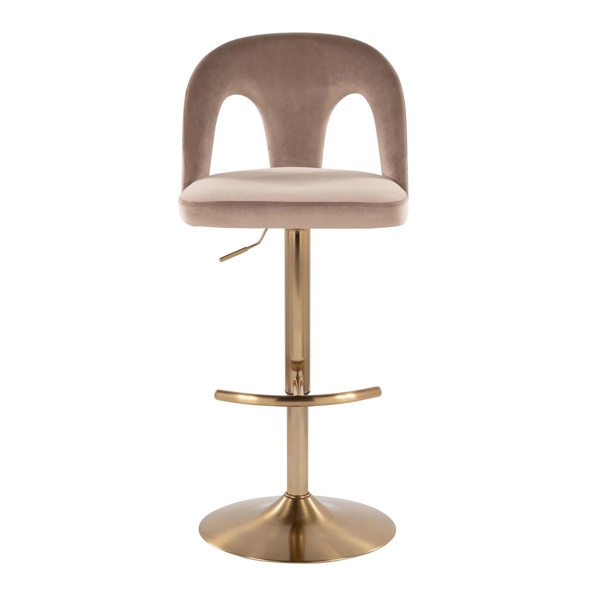 Ava Upholstered Adjustable Barstool - Set of 2 - Gold Metal, Taupe Velvet