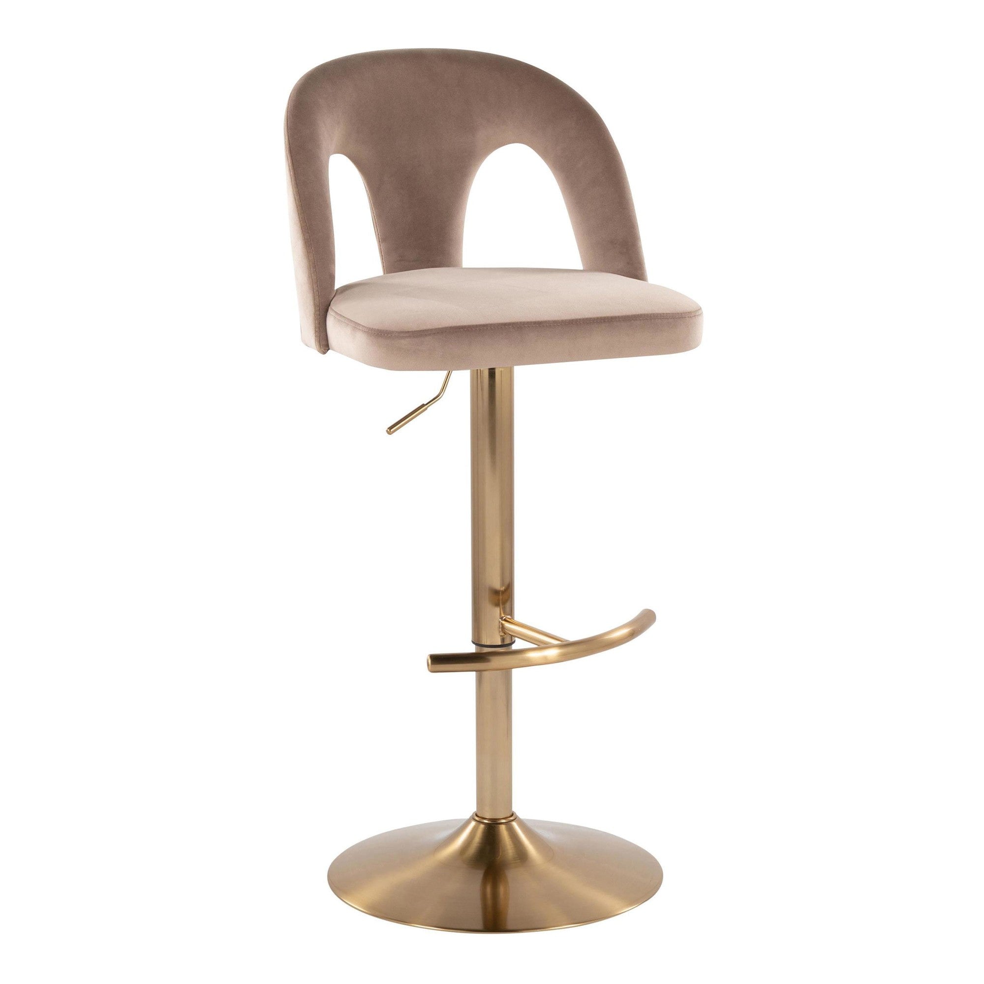 Ava Upholstered Adjustable Barstool - Set of 2 - Gold Metal, Taupe Velvet