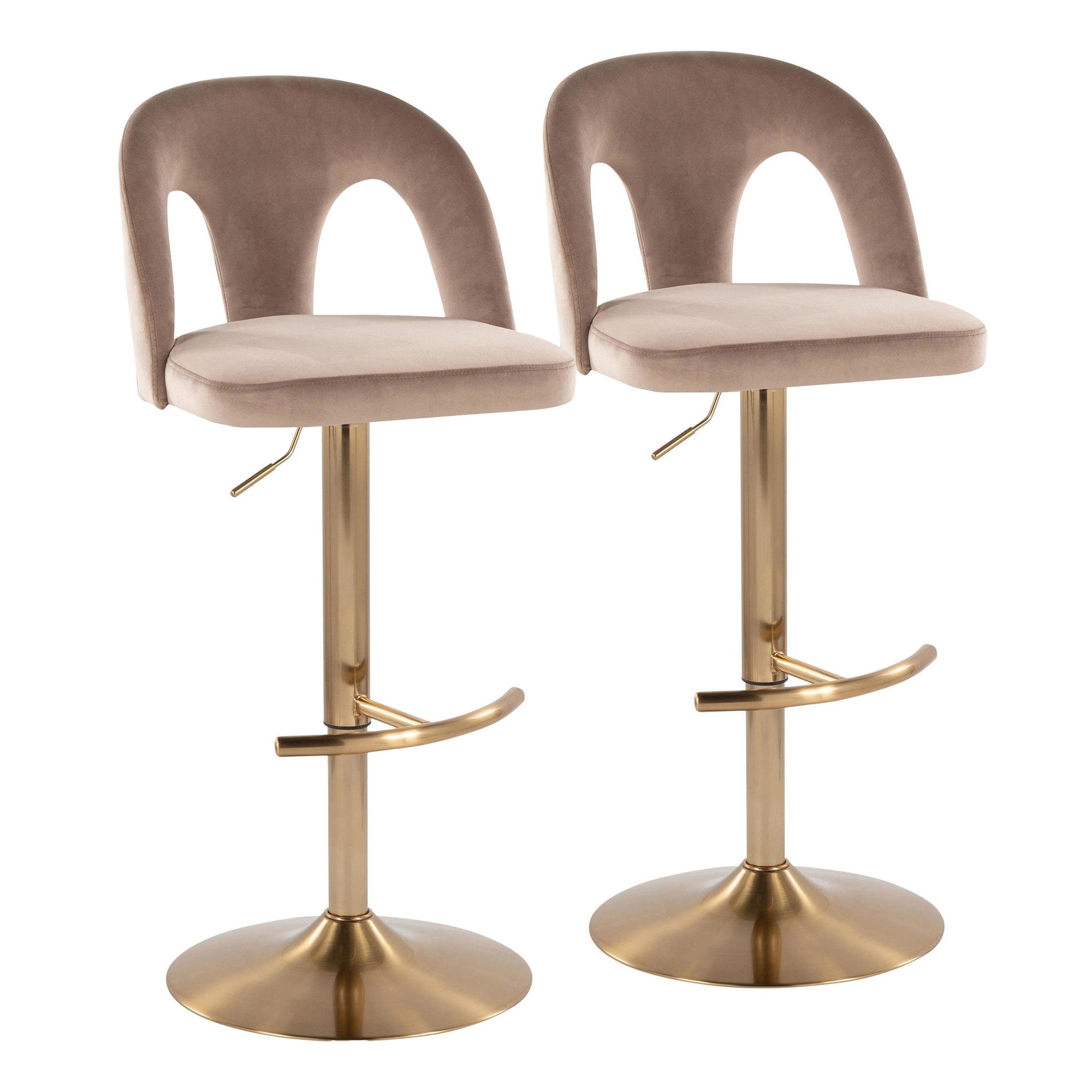 Ava Upholstered Adjustable Barstool - Set of 2 - Gold Metal, Taupe Velvet