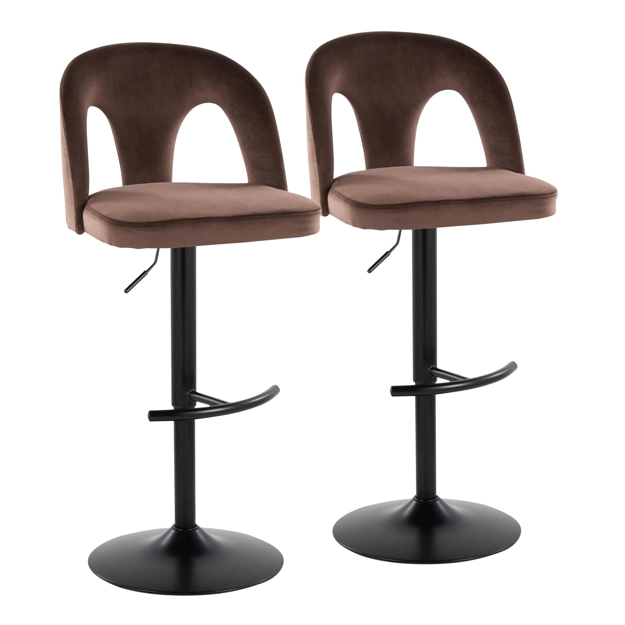 Ava Upholstered Adjustable Barstool - Set of 2 - Black Metal, Espresso Velvet