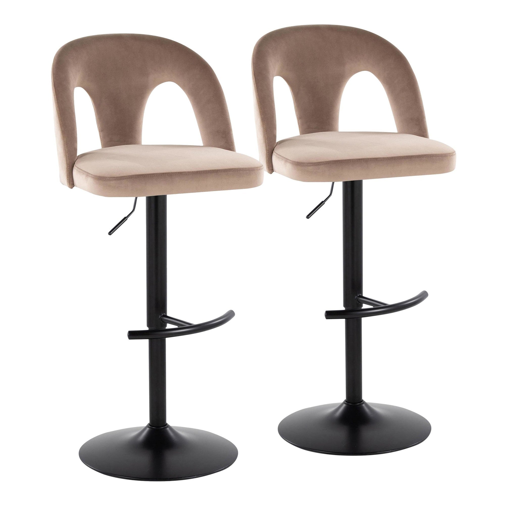 Ava Upholstered Adjustable Barstool - Set of 2 - Black Metal, Taupe Velvet