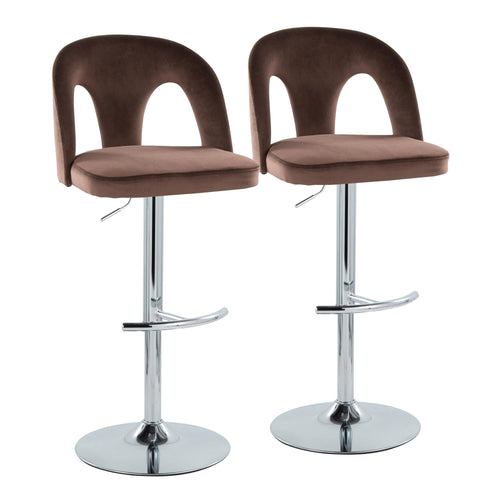 Ava Upholstered Adjustable Barstool - Set of 2 - Chrome Metal, Espresso Velvet