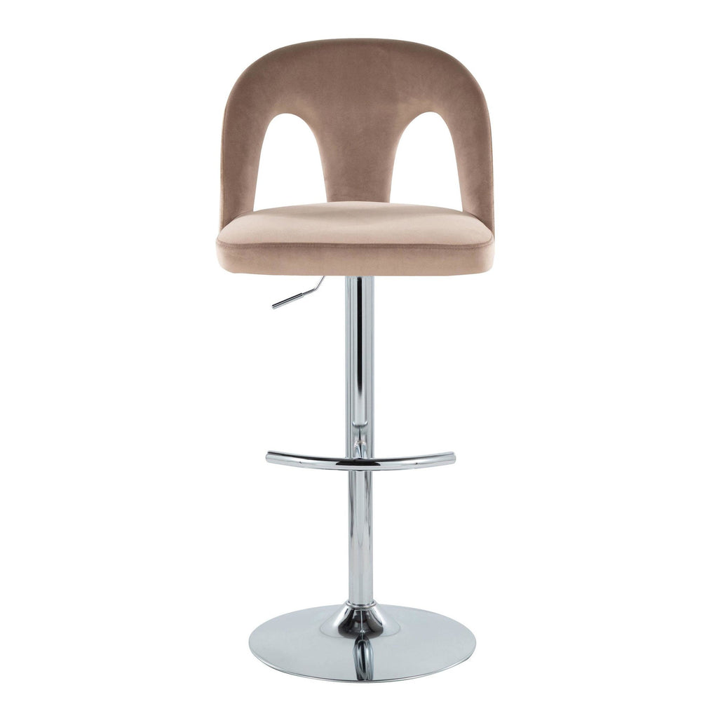 Ava Upholstered Adjustable Barstool - Set of 2 - Chrome Metal, Taupe Velvet
