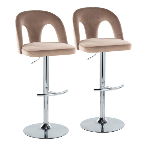 Ava Upholstered Adjustable Barstool - Set of 2 - Chrome Metal, Taupe Velvet