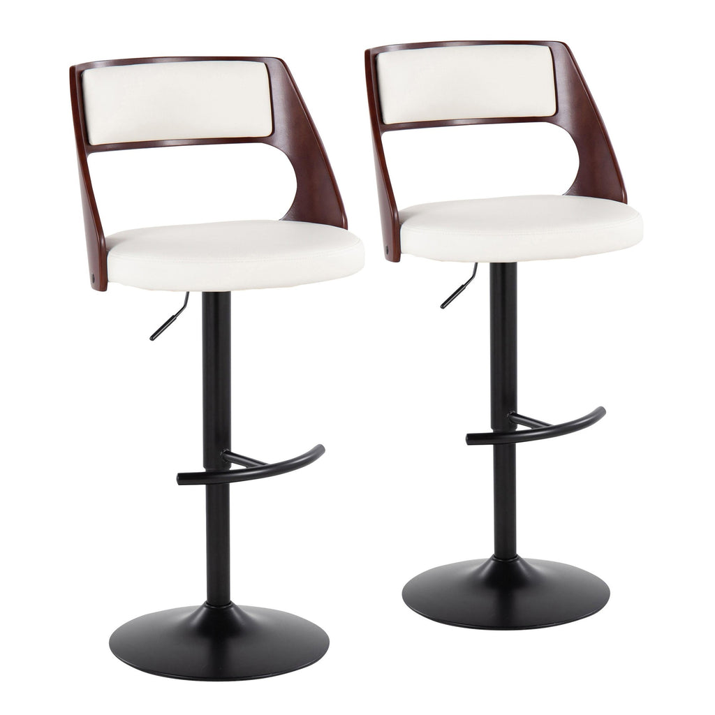 Cecina Adjustable Barstool - Set of 2 - Black Metal, Mahogany Wood, White PU