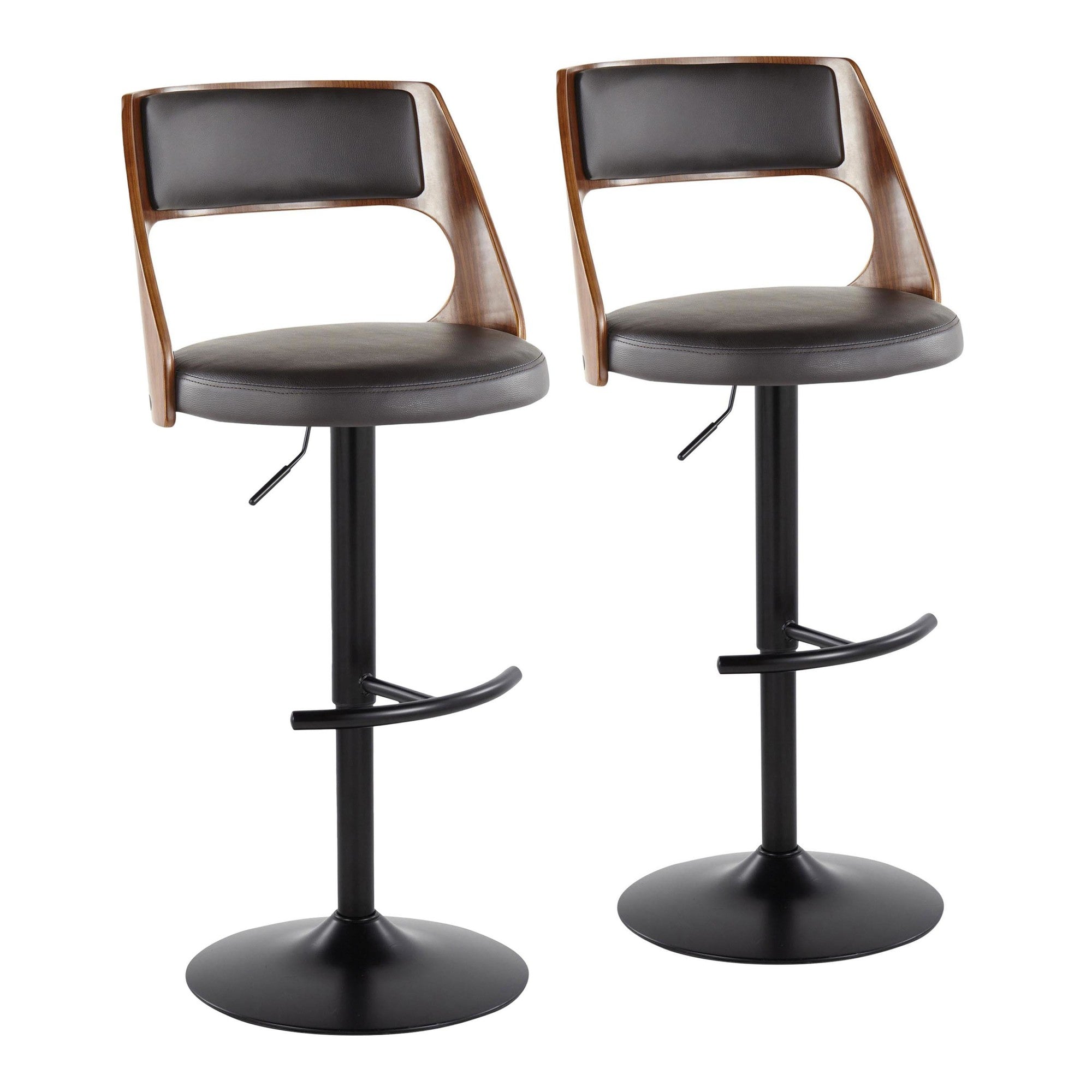 Cecina Adjustable Barstool - Set of 2 - Black Metal, Walnut Wood, Brown PU