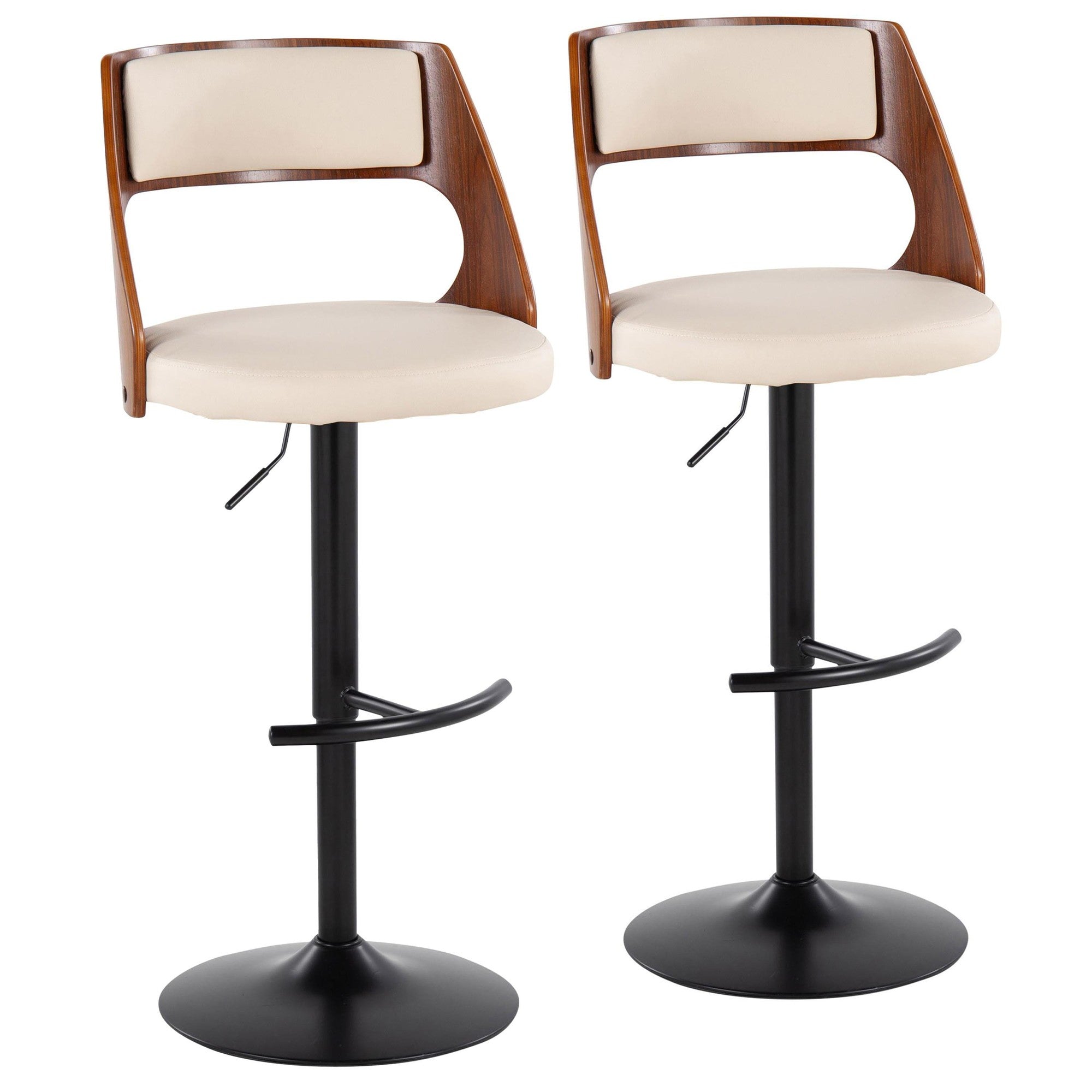 Cecina Adjustable Barstool - Set of 2 - Black Metal, Walnut Wood, Cream PU