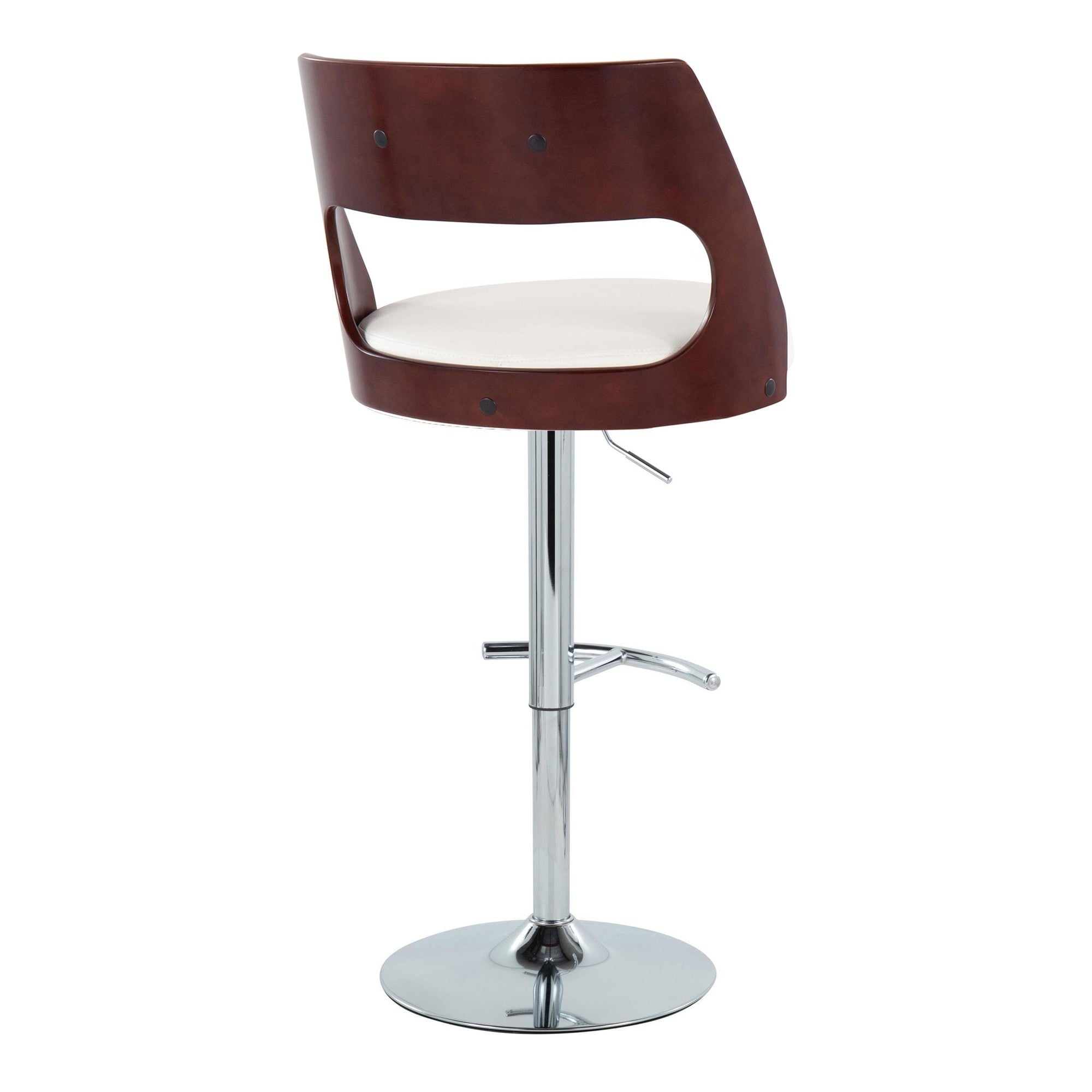 Cecina Adjustable Barstool - Set of 2 - Chrome Metal, Mahogany Wood, White PU