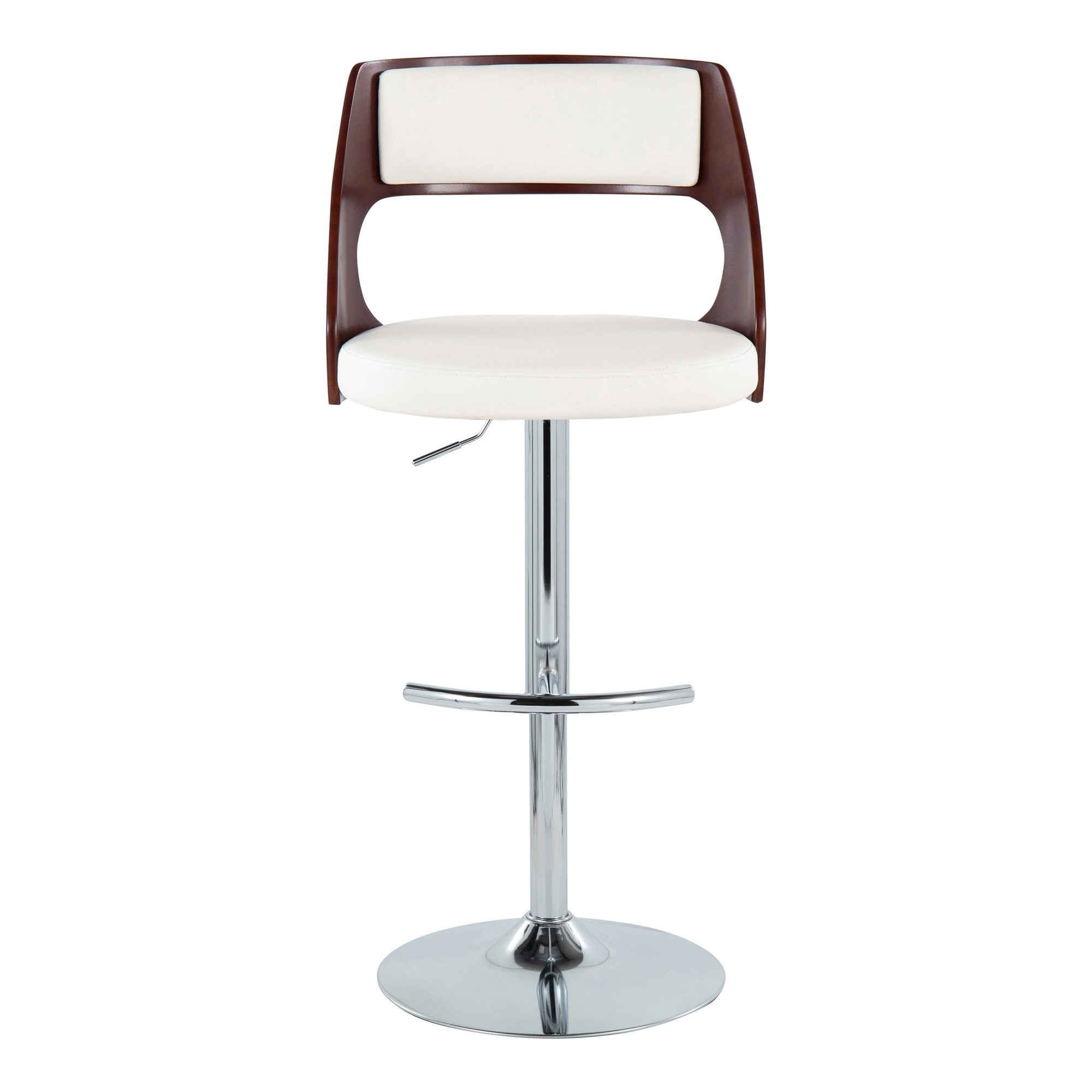 Cecina Adjustable Barstool - Set of 2 - Chrome Metal, Mahogany Wood, White PU