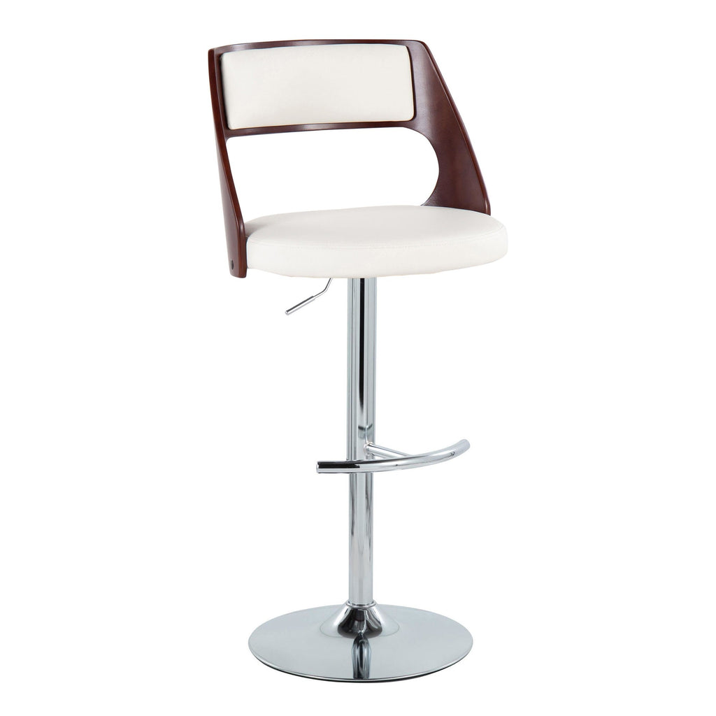 Cecina Adjustable Barstool - Set of 2 - Chrome Metal, Mahogany Wood, White PU
