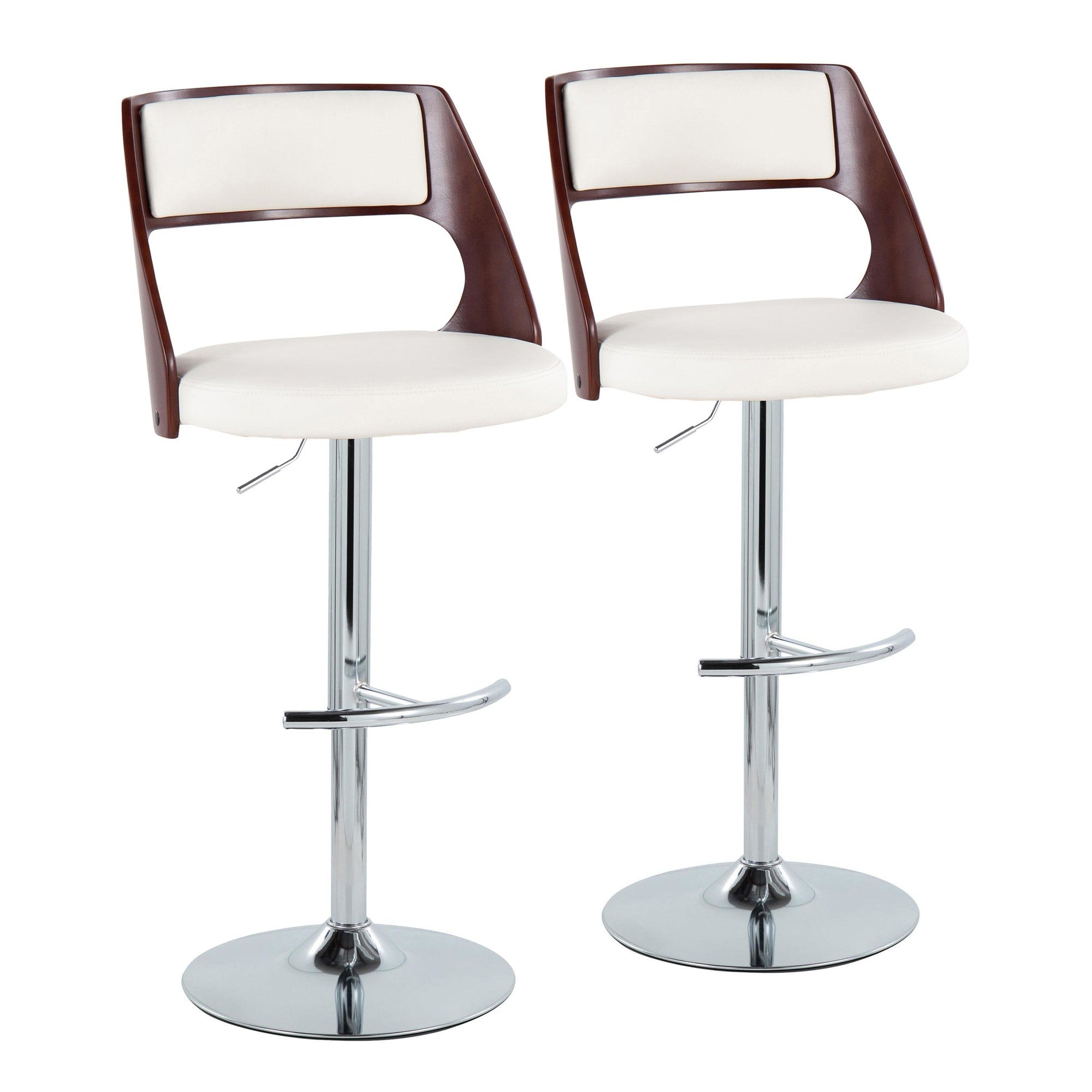 Cecina Adjustable Barstool - Set of 2 - Chrome Metal, Mahogany Wood, White PU