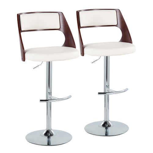 Cecina Adjustable Barstool - Set of 2 - Chrome Metal, Mahogany Wood, White PU