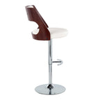 Cecina Adjustable Barstool - Set of 2 - Chrome Metal, Mahogany Wood, White PU