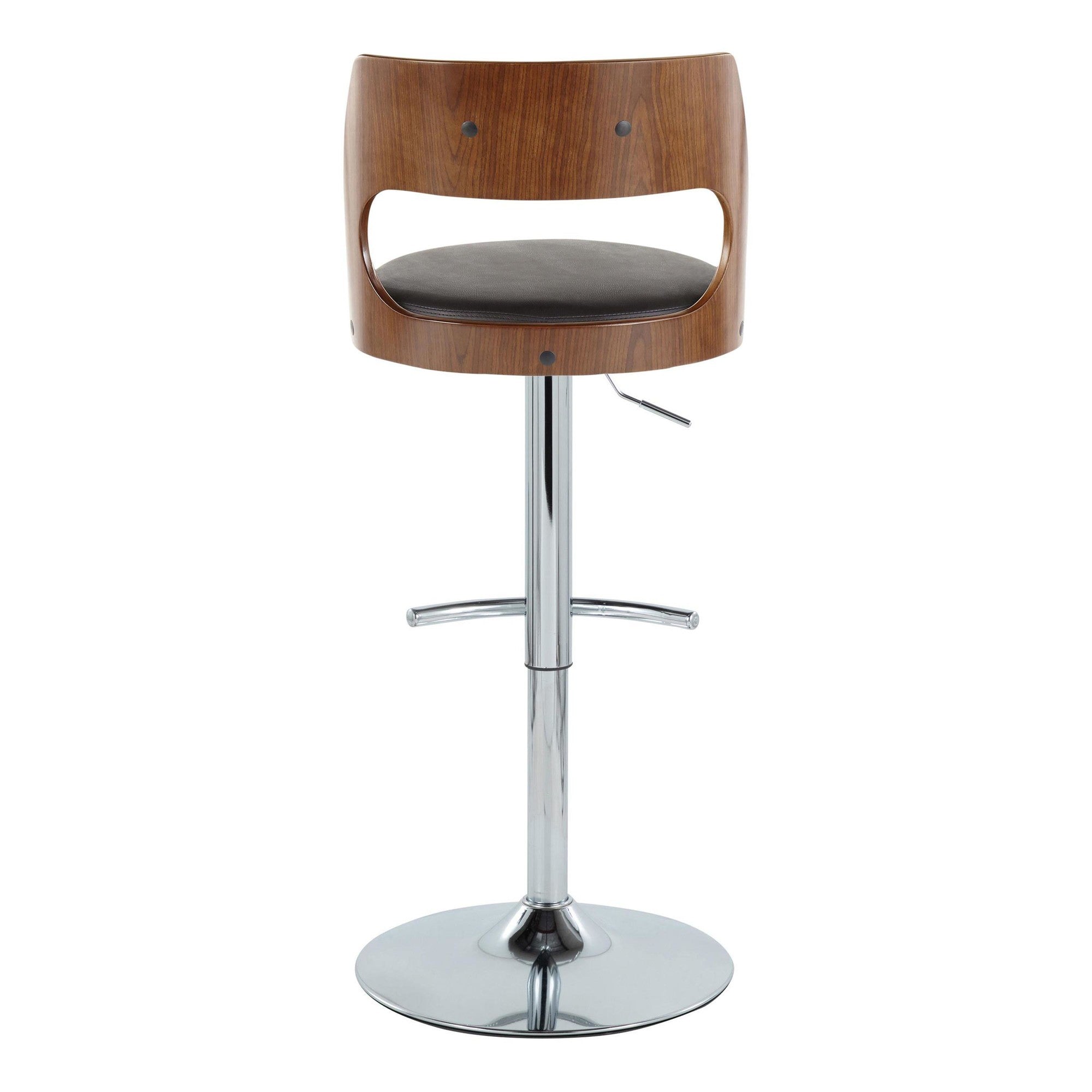 Cecina Adjustable Barstool - Set of 2 - Chrome Metal, Walnut Wood, Brown PU