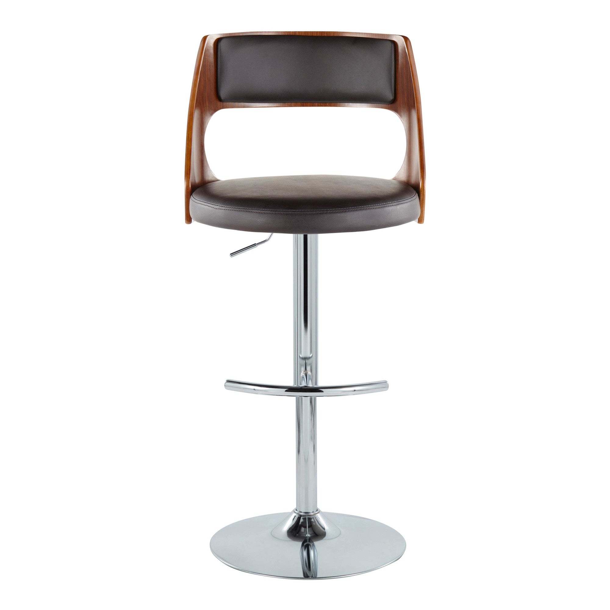 Cecina Adjustable Barstool - Set of 2 - Chrome Metal, Walnut Wood, Brown PU