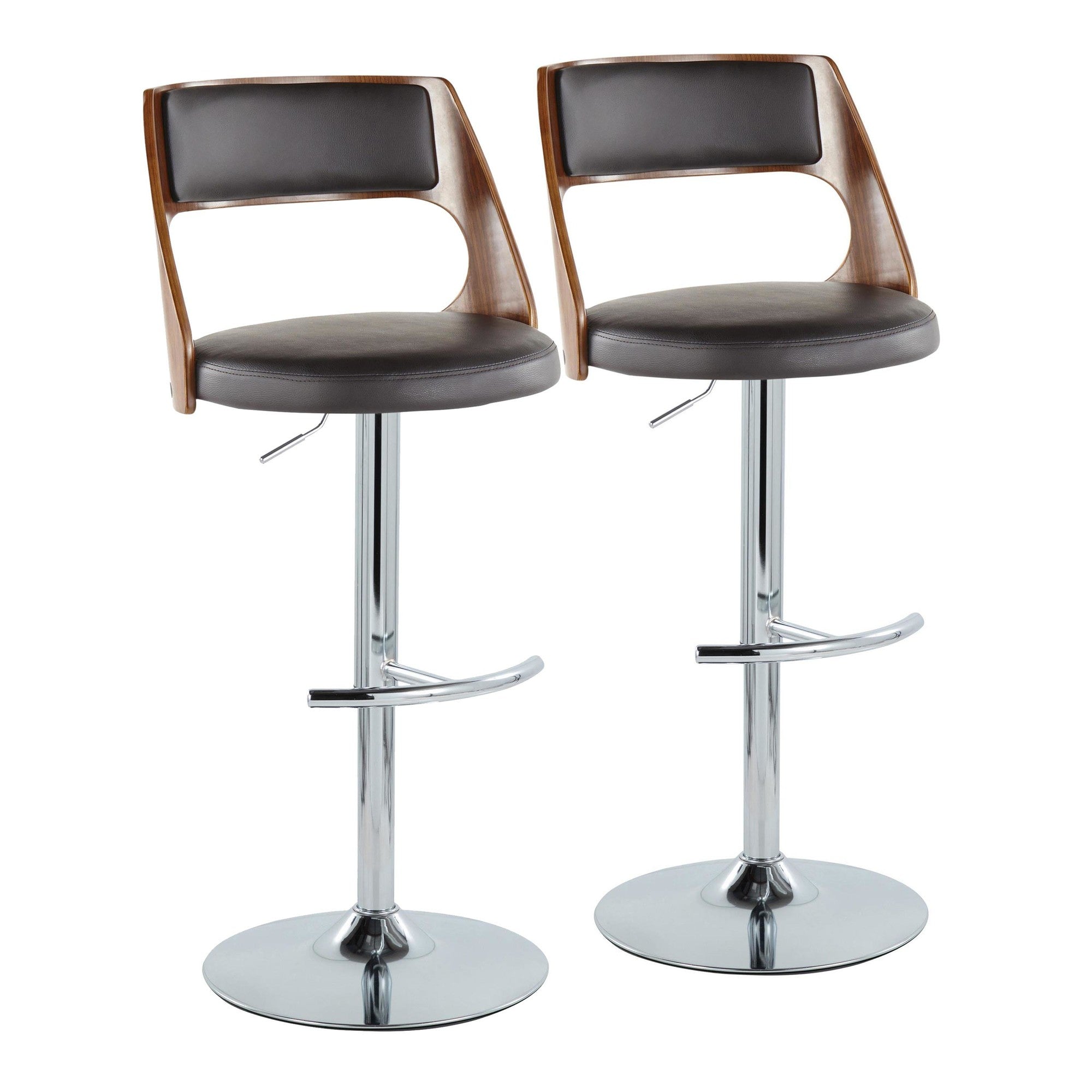 Cecina Adjustable Barstool - Set of 2 - Chrome Metal, Walnut Wood, Brown PU