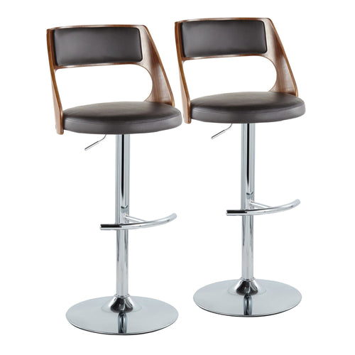 Cecina Adjustable Barstool - Set of 2 - Chrome Metal, Walnut Wood, Brown PU