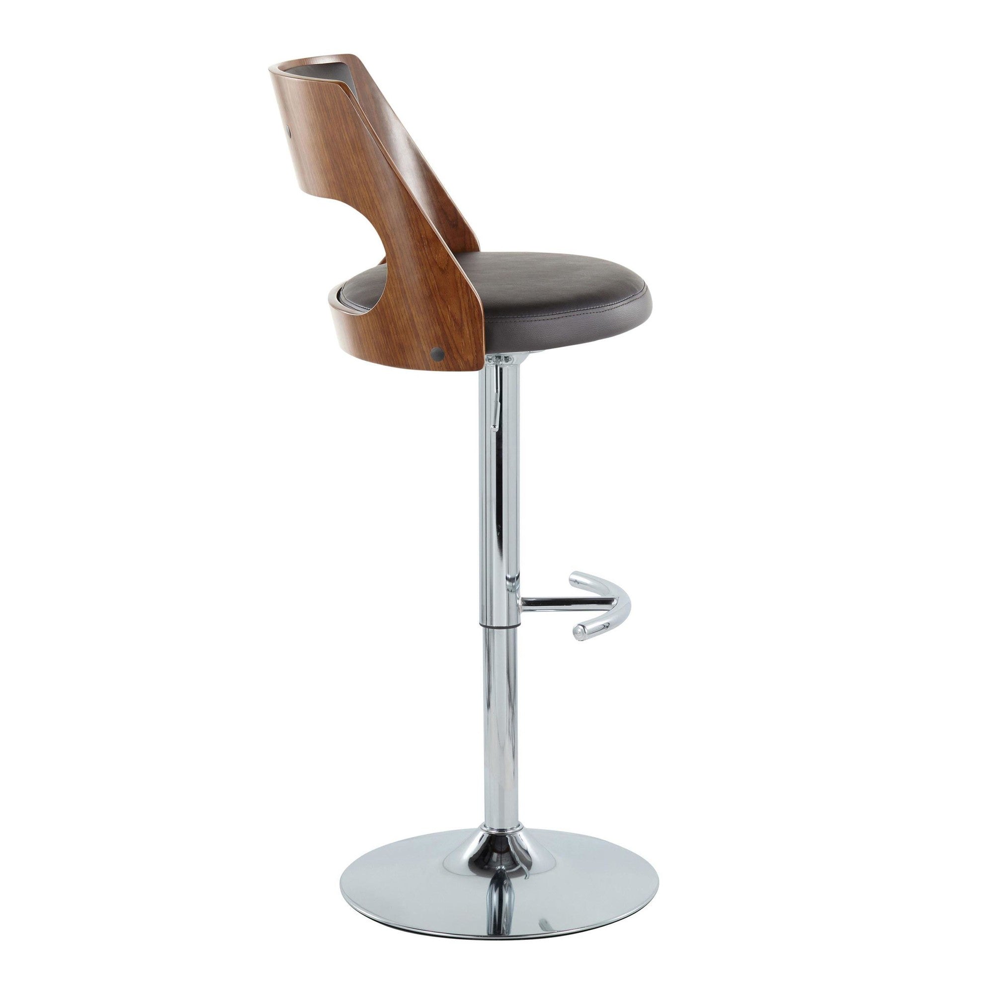 Cecina Adjustable Barstool - Set of 2 - Chrome Metal, Walnut Wood, Brown PU