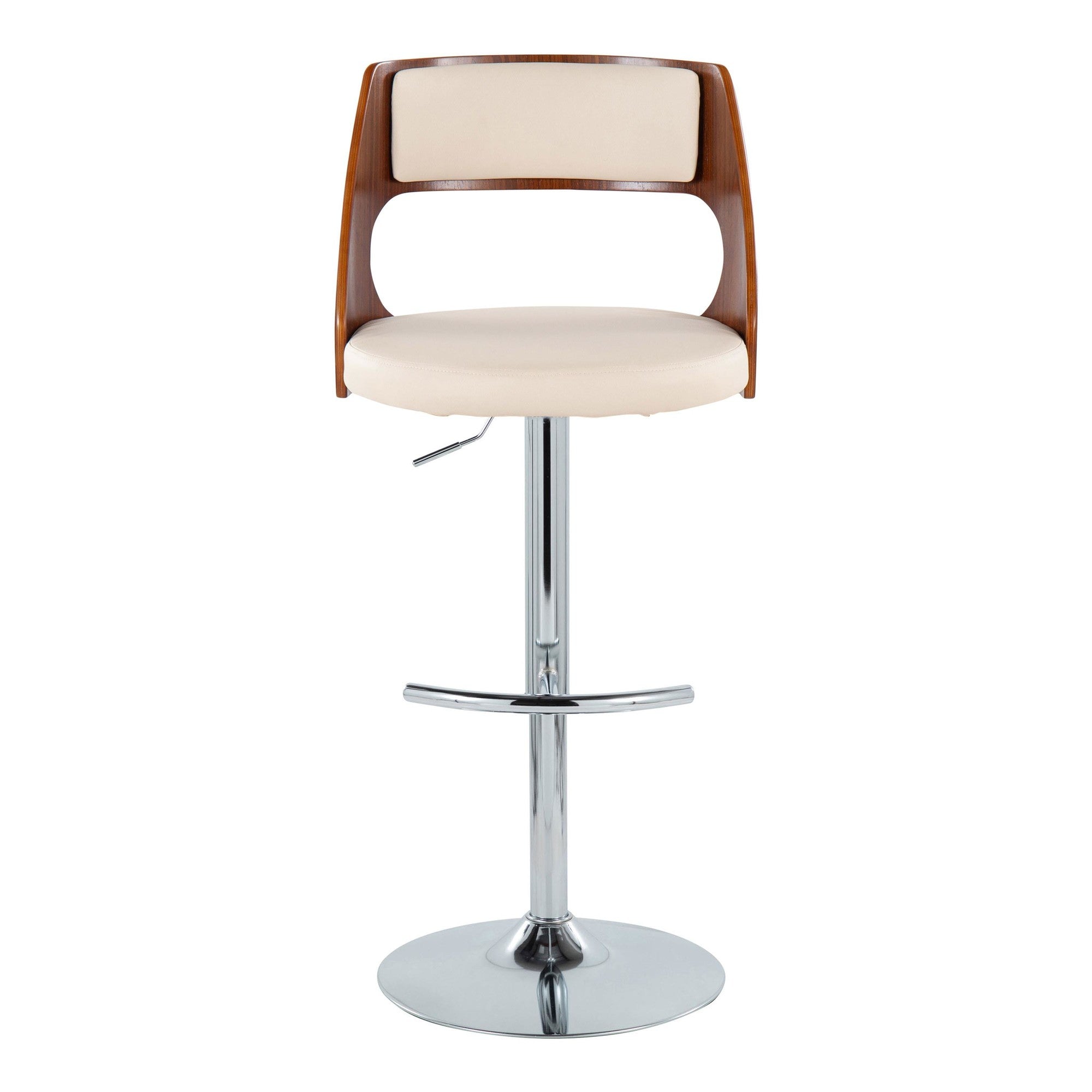 Cecina Adjustable Barstool - Set of 2 - Chrome Metal, Walnut Wood, Cream PU