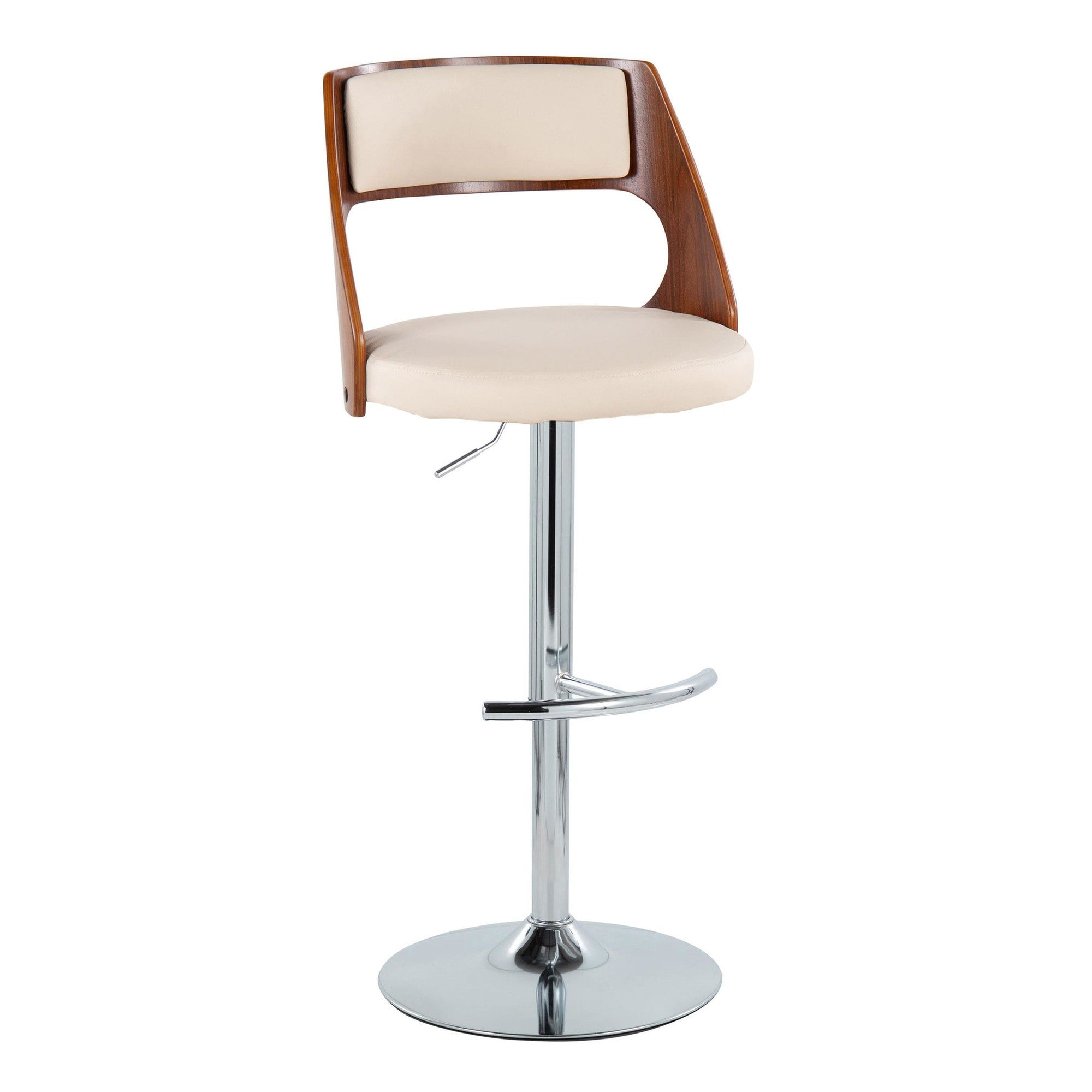 Cecina Adjustable Barstool - Set of 2 - Chrome Metal, Walnut Wood, Cream PU
