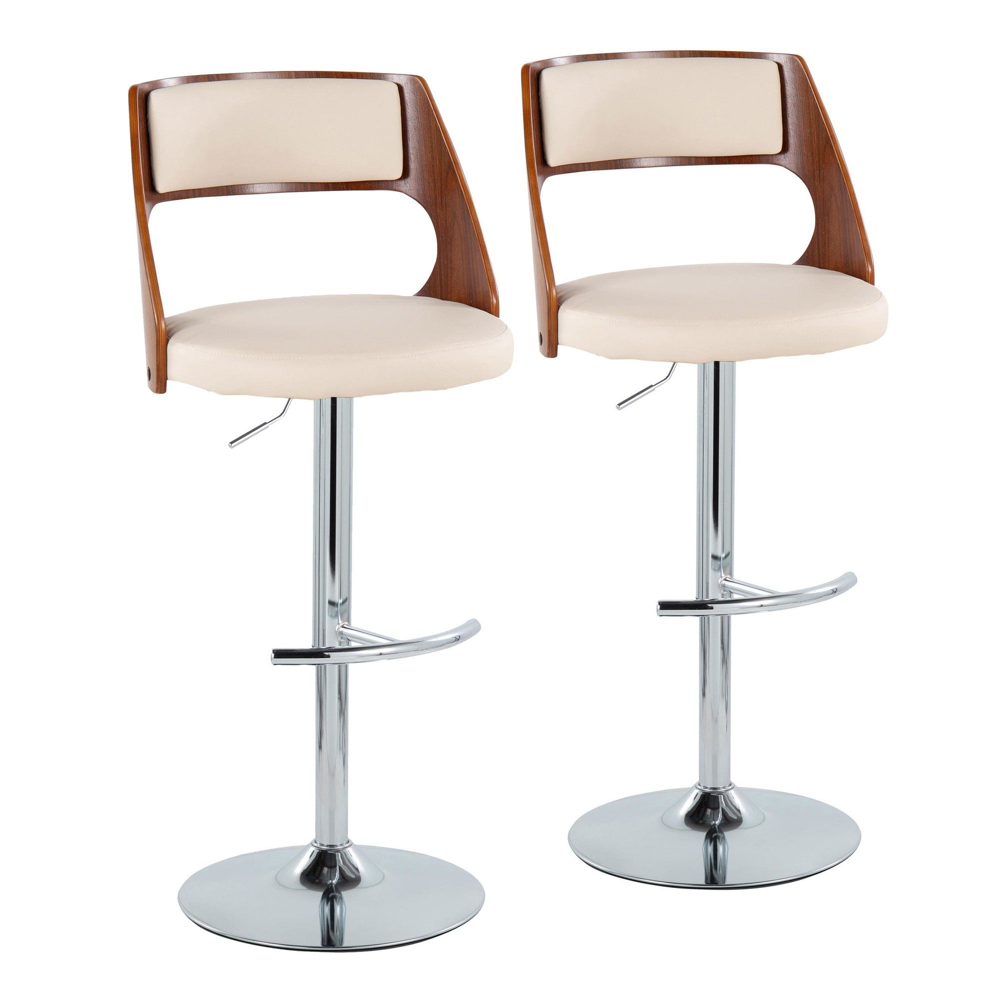 Cecina Adjustable Barstool - Set of 2 - Chrome Metal, Walnut Wood, Cream PU