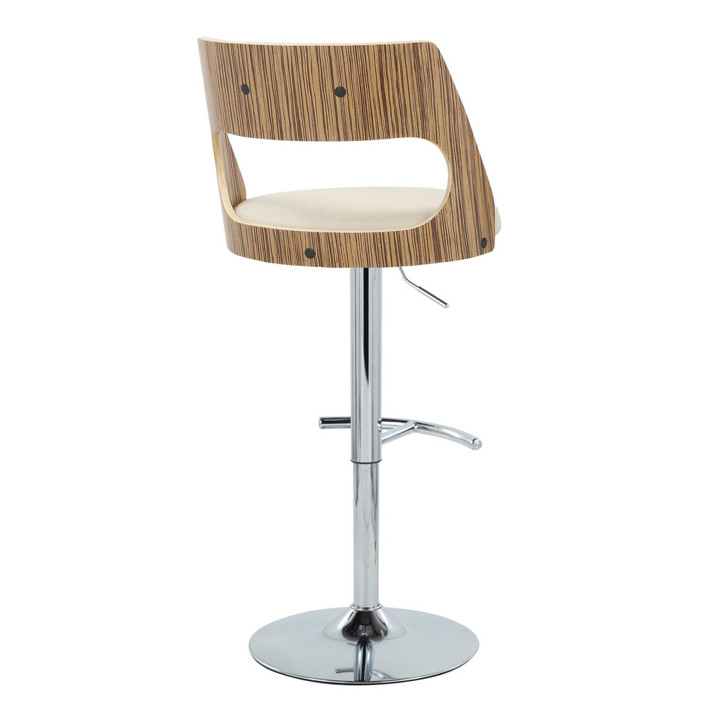 Cecina Adjustable Barstool - Set of 2 - Chrome Metal, Zebra Wood, Cream PU