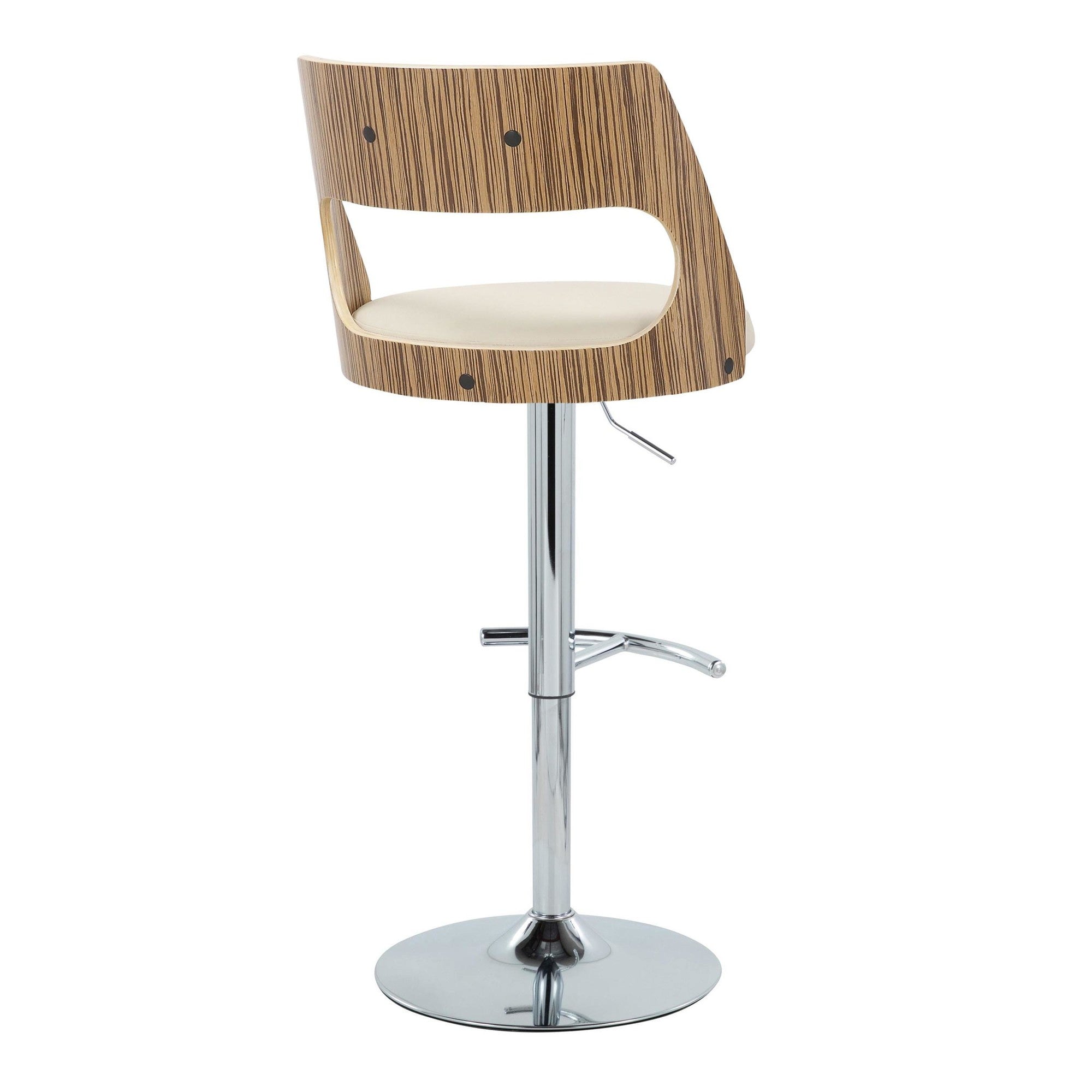 Cecina Adjustable Barstool - Set of 2 - Chrome Metal, Zebra Wood, Cream PU