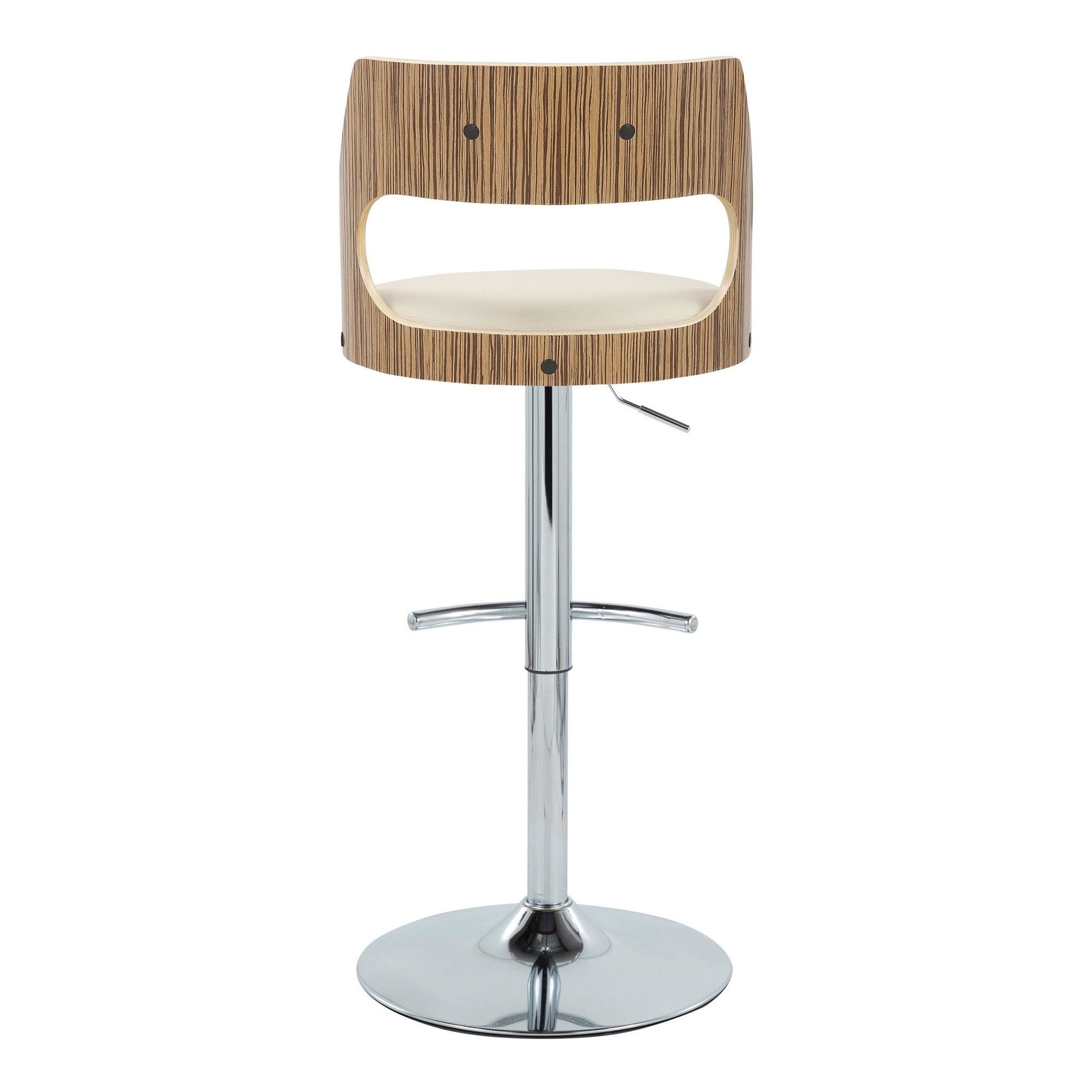 Cecina Adjustable Barstool - Set of 2 - Chrome Metal, Zebra Wood, Cream PU